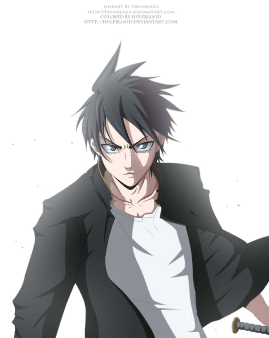 Takashi Komuro 桌布 壁紙 — 一個堅定的動漫男性，擁有尖刺黑髮和藍眼睛，穿著黑色外套內搭白色襯衫，在純白背景前手持劍。