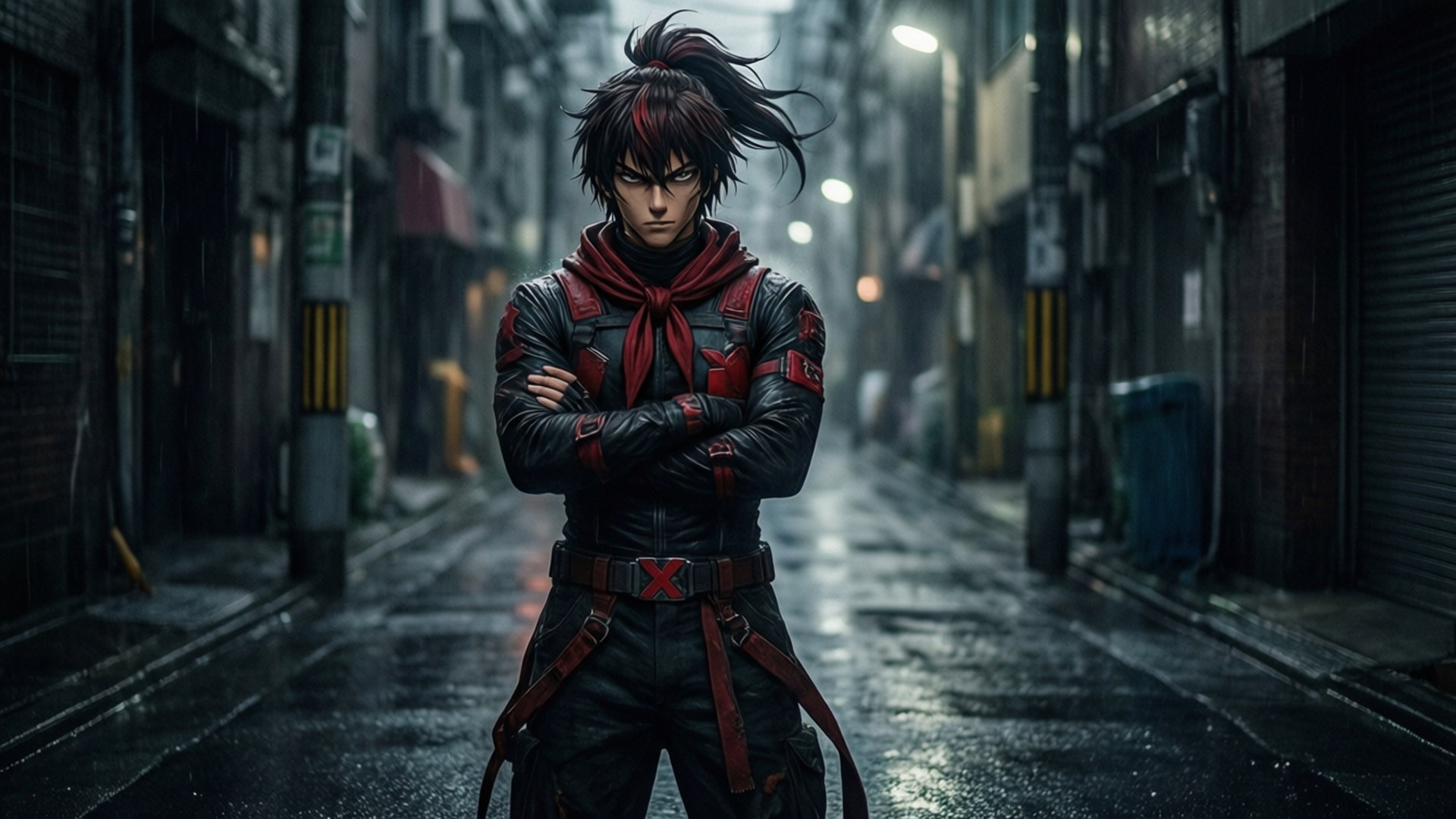 To Be Hero X 桌布 壁紙 — 一位堅定的動漫戰士，身穿紅黑裝備，在夜晚雨濕的霓虹燈城市小巷中交叉雙臂站立。