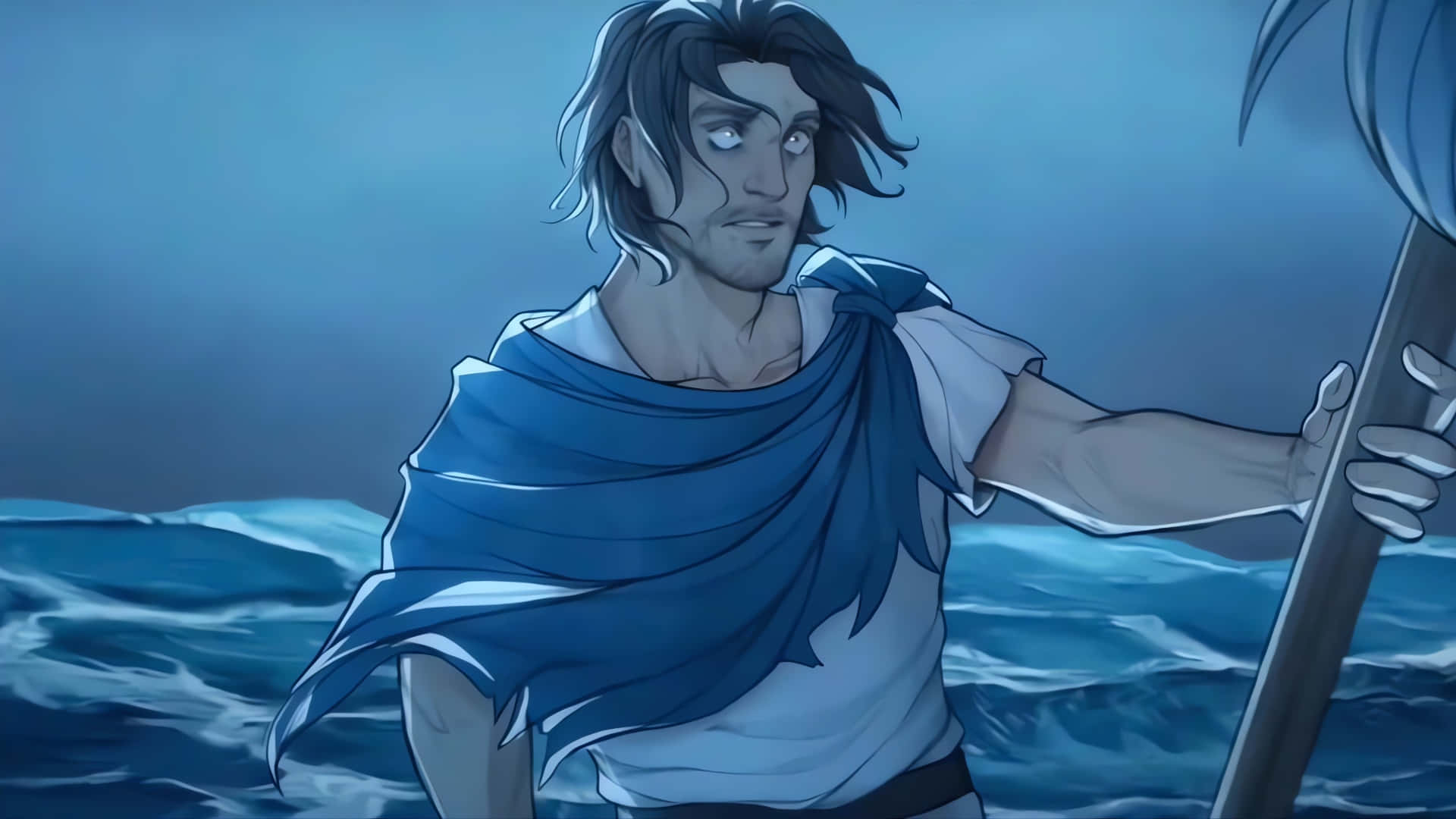  壁紙 — 一位堅定的動漫戰士，深色頭髮和藍色斗篷，在暴風雨的海上挑釁地站著，手持法杖。