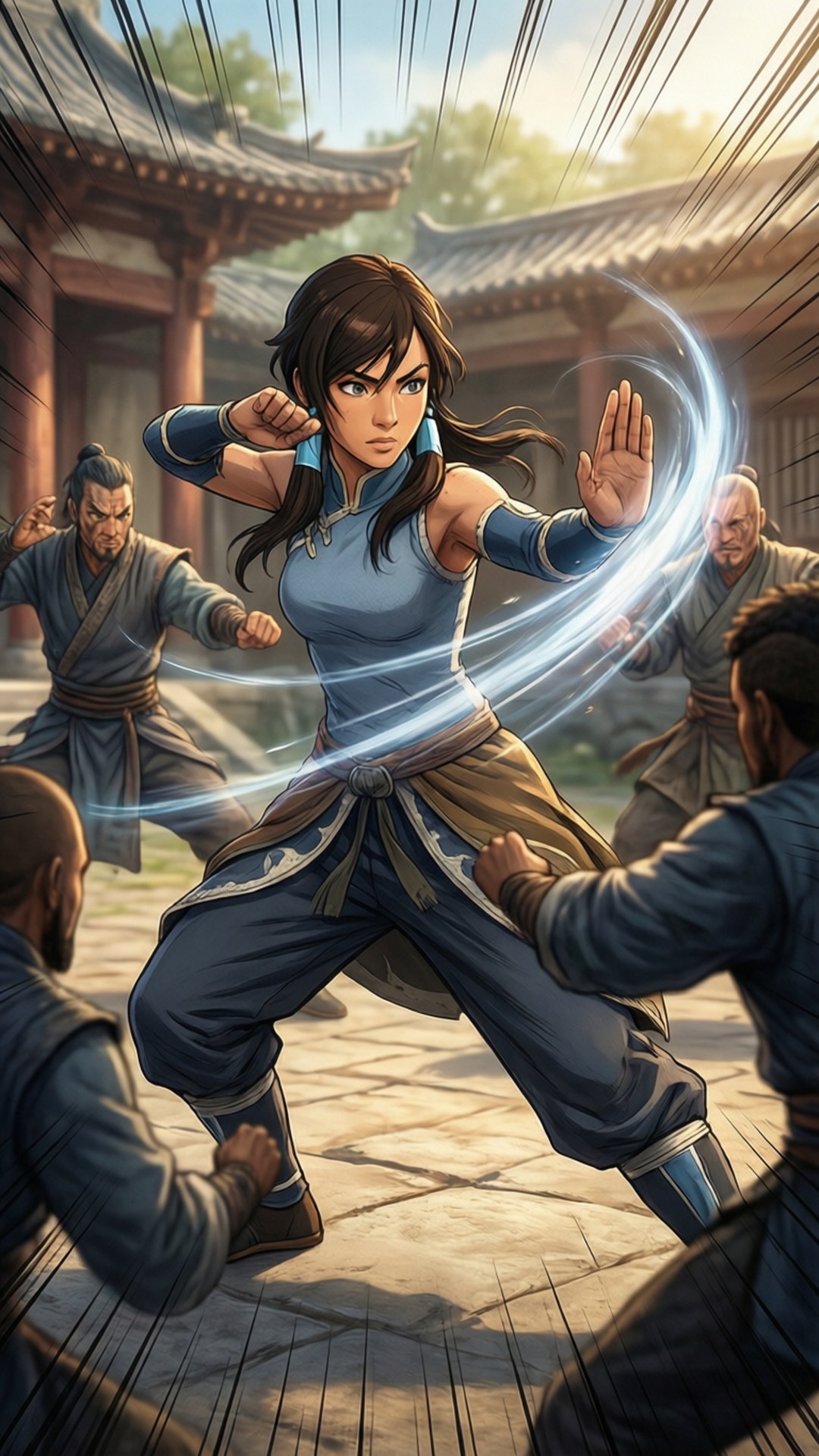 Korra Airbending Training 壁紙 — 一位堅定的女性武術家在傳統庭院中以動態戰鬥姿勢引導發光的藍色能量對抗多個對手。