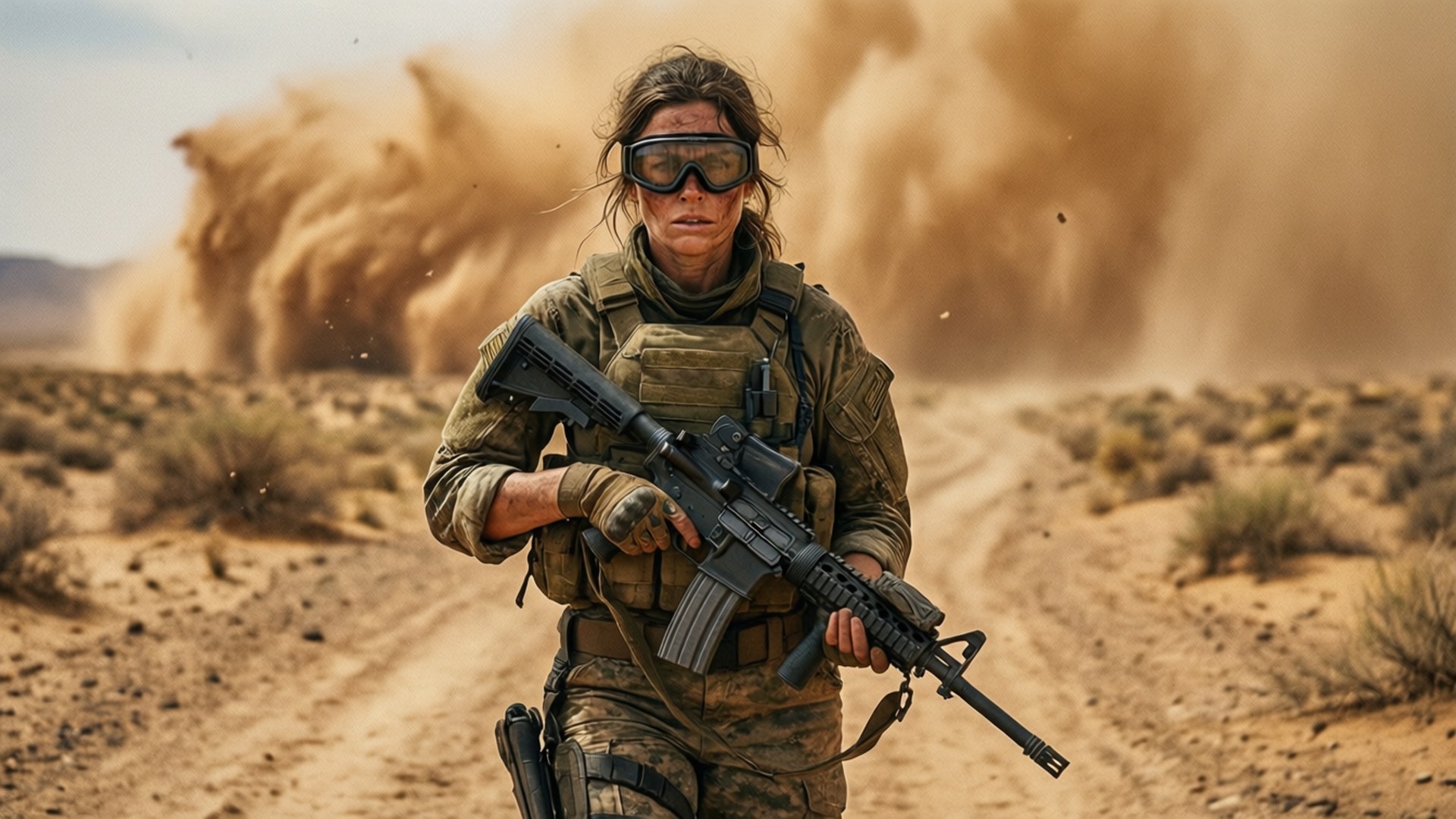 Zofia R6 桌布 壁紙 — 一名堅定的女兵穿著沙漠裝備，穩穩地站著，手持突擊步槍，身後一場巨大的沙塵暴正在肆虐。