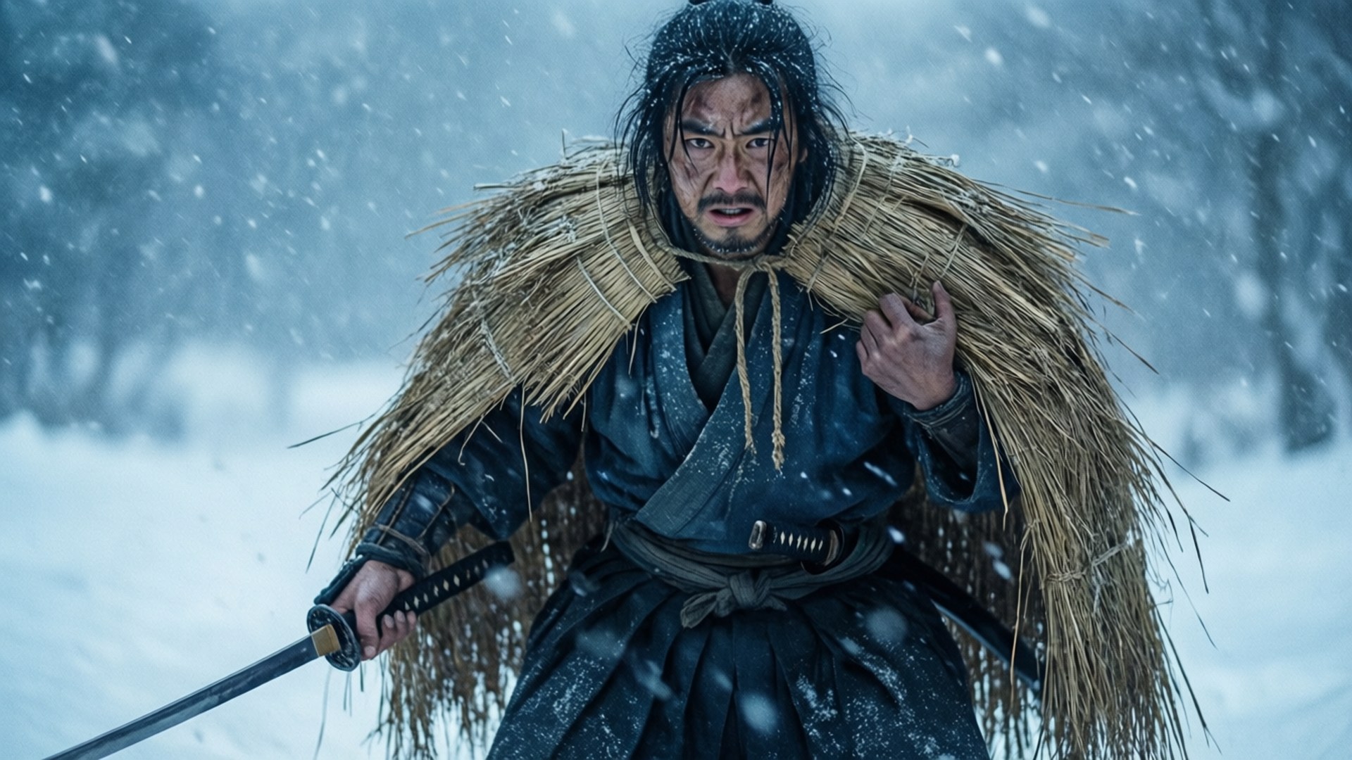 Ronin 桌布 壁紙 — 一位身穿深色長袍和稻草斗篷的堅定武士，在雪林中的暴風雪中緊握著劍。