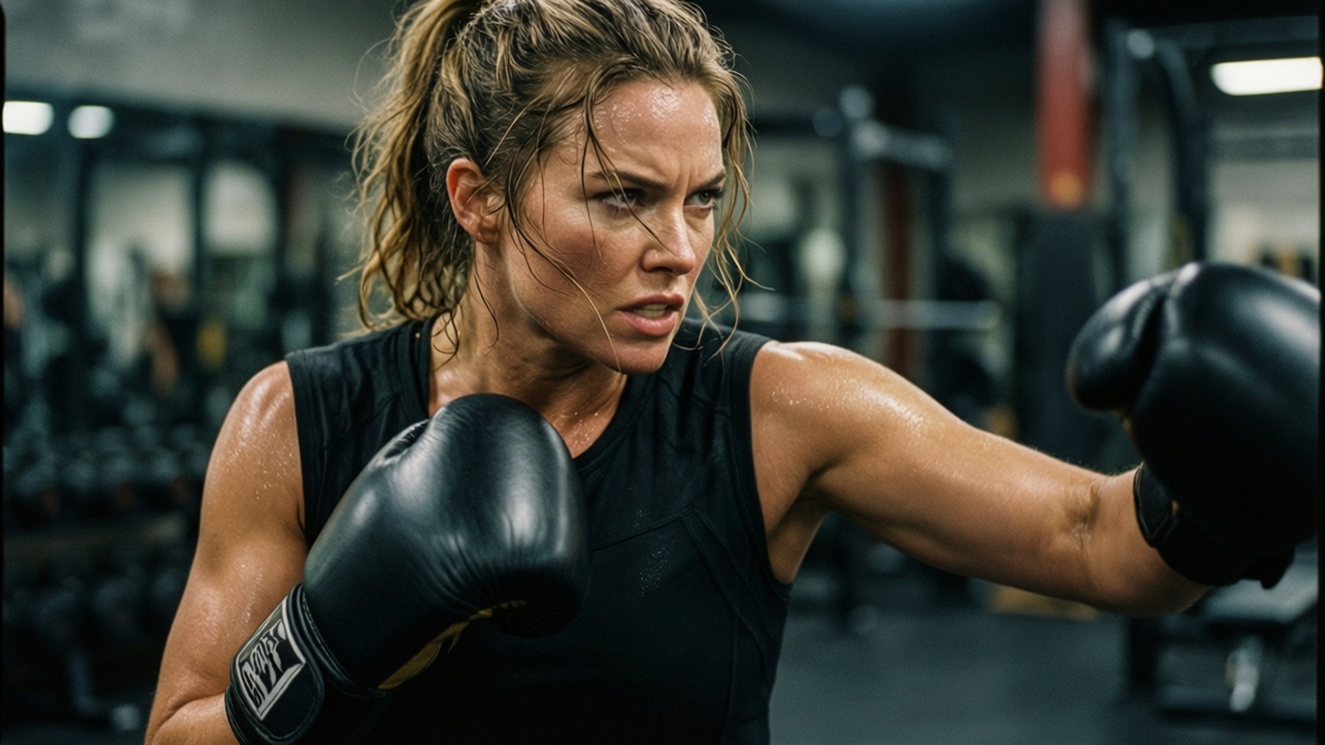 Warrior Workout 壁紙 — 一位堅定的女性戴著黑色拳擊手套，在燈光昏暗的健身房中揮出一拳，汗水在她皮膚上閃閃發光。
