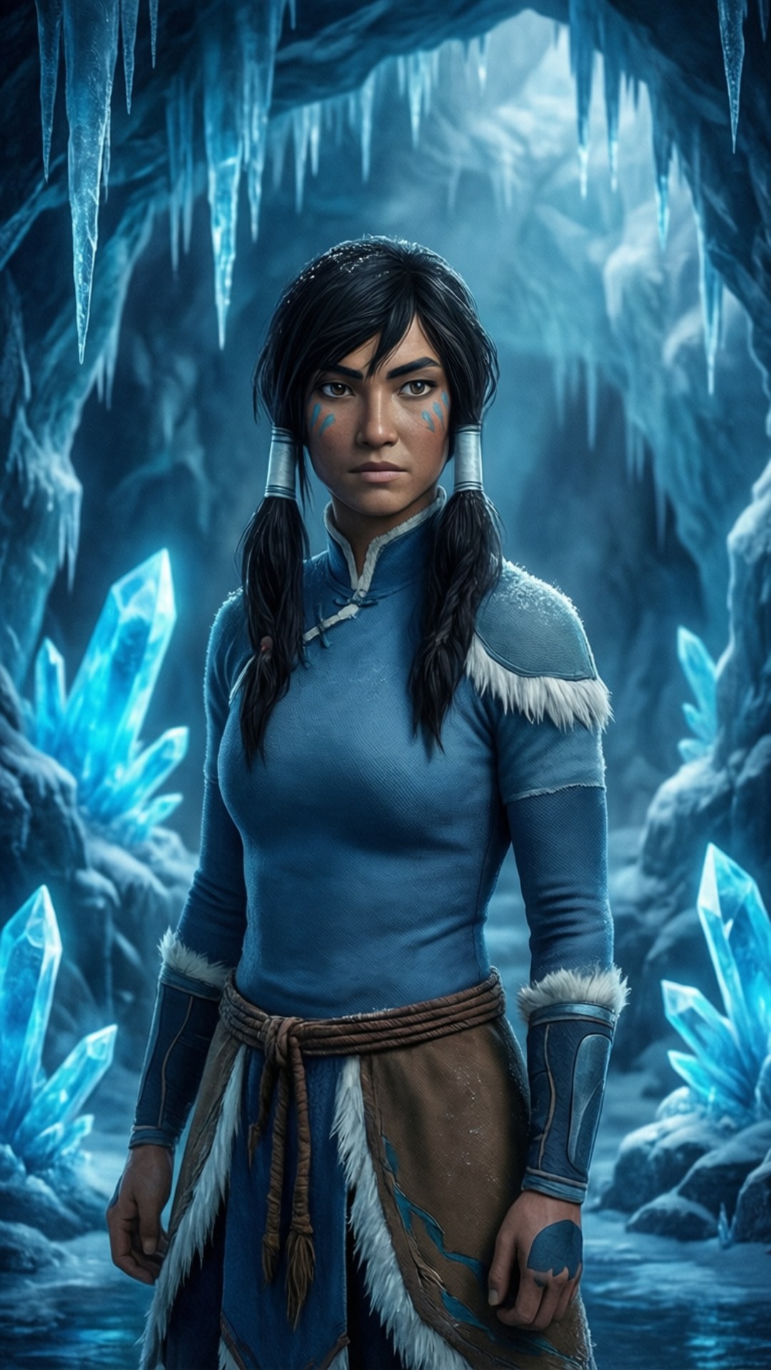 Korra in Ice Cave 壁紙 — 一個堅定的女人，深色辮子頭髮和藍色臉部彩繪，站在一個發光的冰洞中，周圍是鋒利的冰柱和閃耀的藍色水晶。