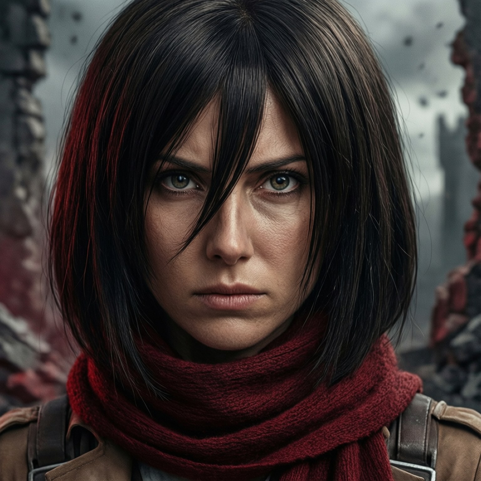 Mikasa Ackerman Determination 壁紙 — 一個堅定的女人，深色頭髮帶有紅色條紋，戴著紅色圍巾，在廢墟石頭背景下強烈凝視。