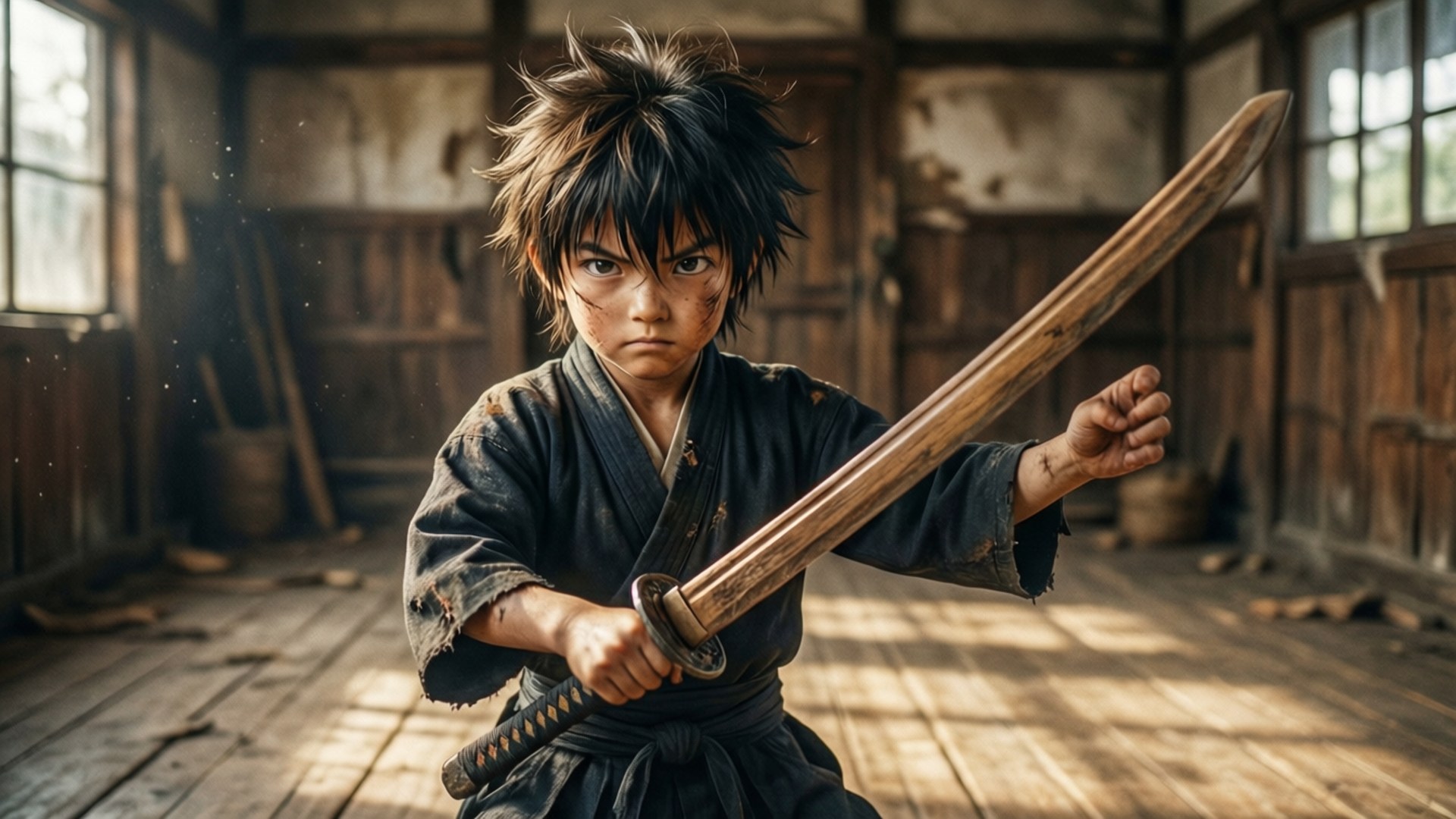 Young Training Days 壁紙 — 一個決心堅定的年輕武士男孩，凌亂的黑髮，在陽光普照的塵土飛揚的木製道場中緊握著一把木劍。