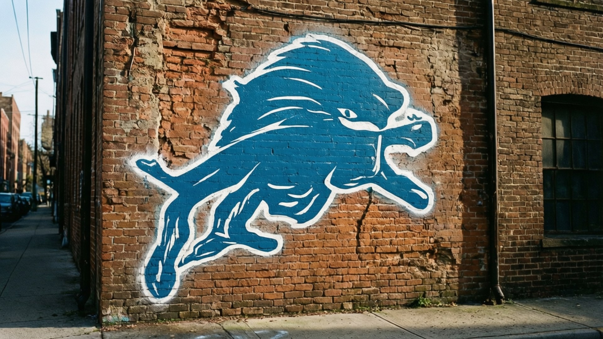 Brick Wall Mural 壁紙 — 一幅大膽的藍白底特律雄獅標誌壁畫，繪於城市小巷中風化的紅磚牆上。