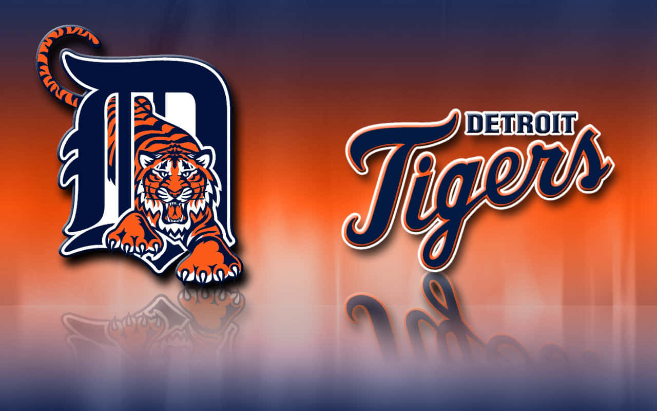 標誌 桌布 壁紙 — Detroit Tigers 棒球標誌，帶有咆哮老虎吉祥物和手寫文字，漸變橙色藍色背景。