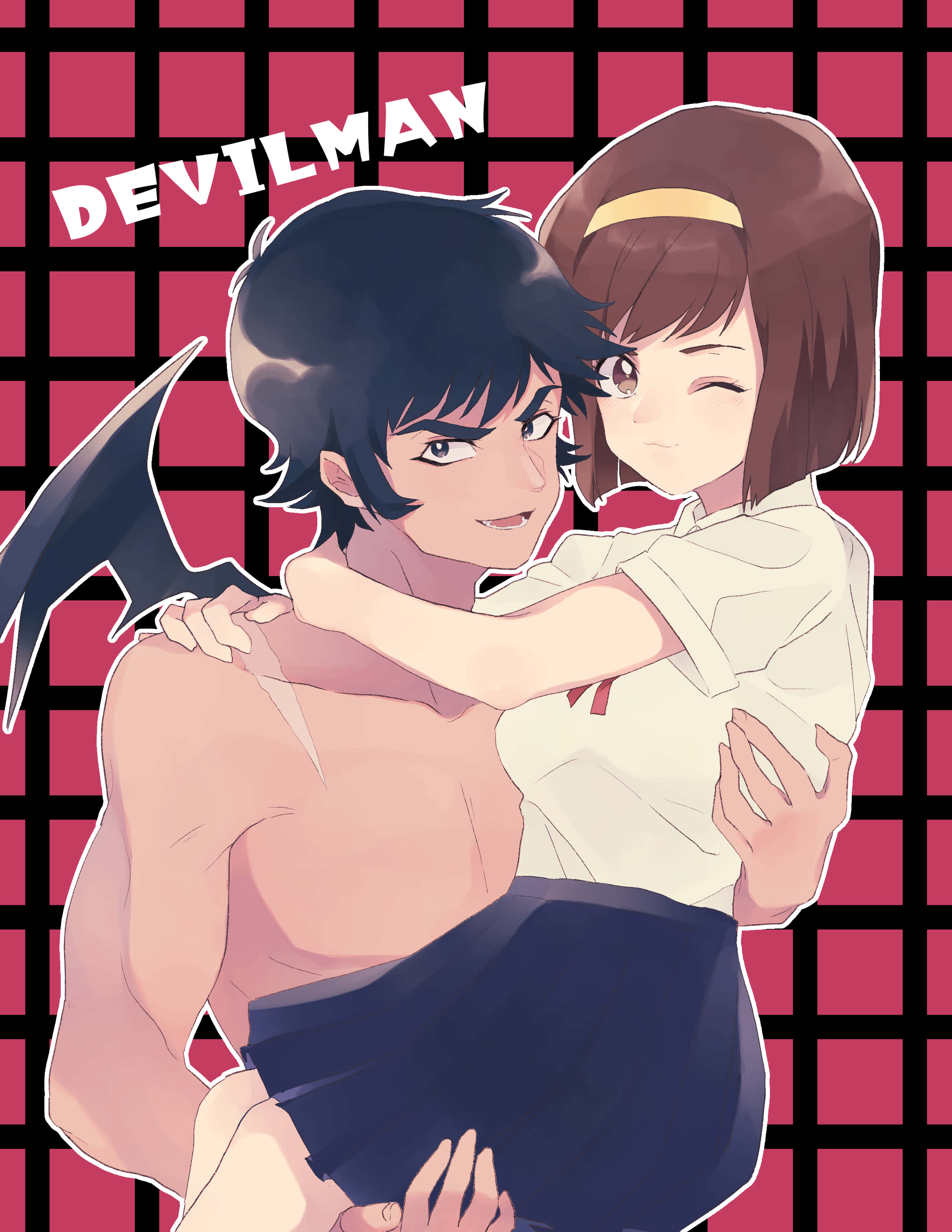 Devilman Crybaby Miki Makimura 桌布 壁紙 — 一個擁有蝙蝠翅膀的惡魔人角色，在紅黑格紋背景前擁抱一個微笑的校服女孩。