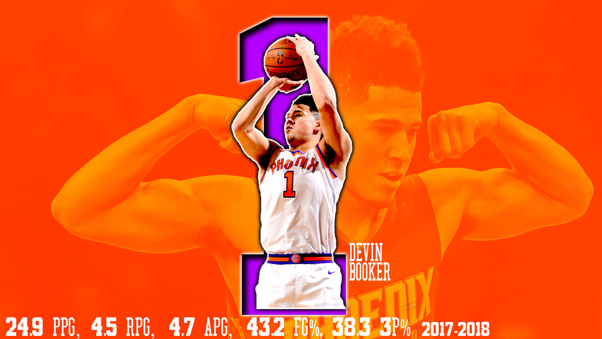 Devin Booker 桌布 壁紙 — Devin Booker 身穿鳳凰城太陽隊球衣，在充滿活力的橙色背景上投籃，並帶有統計數據疊加。