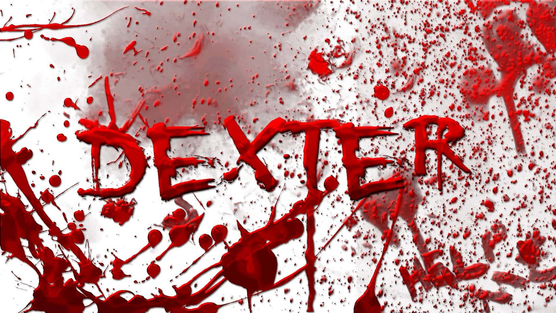 dexter 桌布 壁紙 — 「dexter」這個字以粗體紅色血濺在純白背景上，帶有混亂的滴落和濺射。