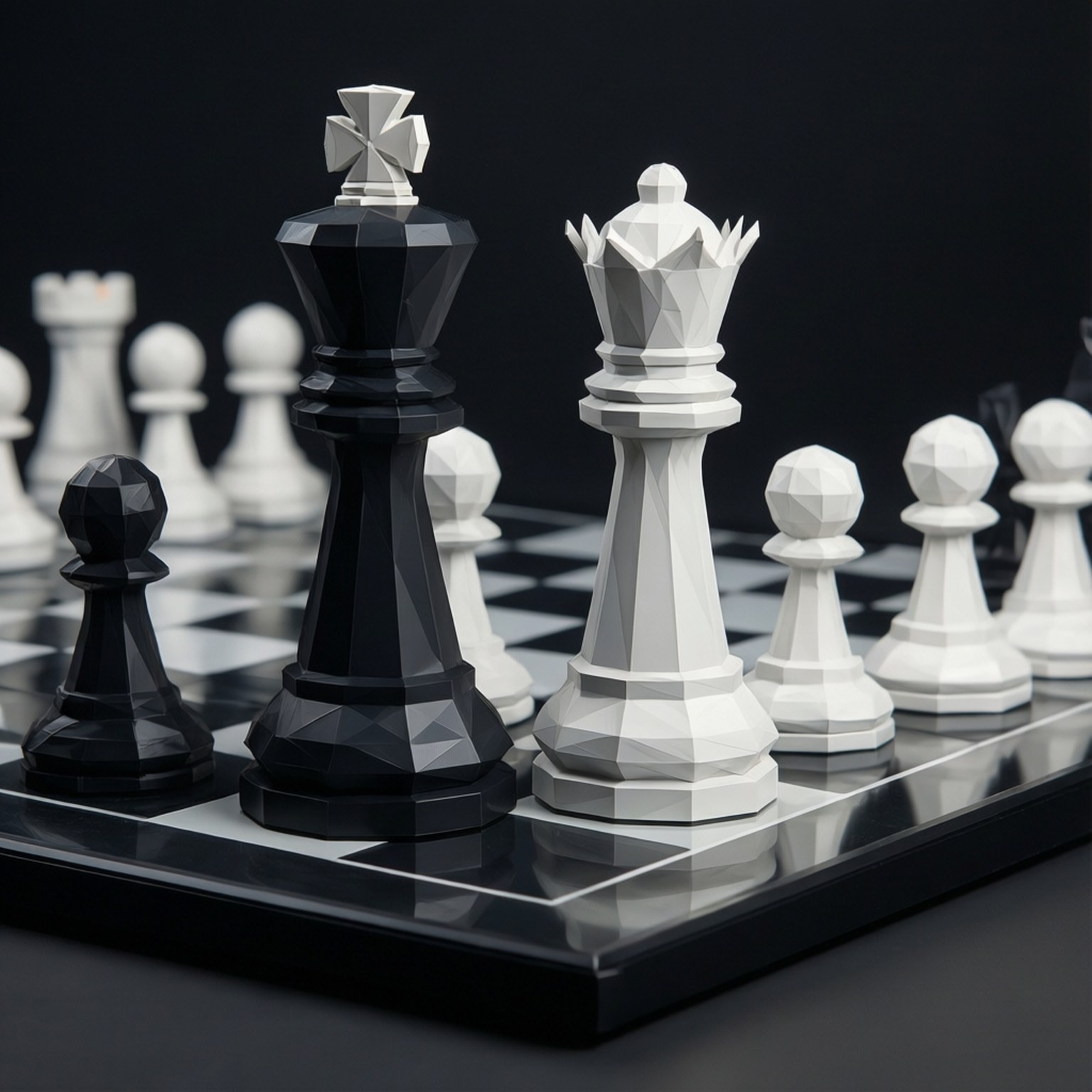 Chess Pieces 壁紙 — 低多邊形黑白棋子在光面棋盤上擺好姿勢，背景昏暗。