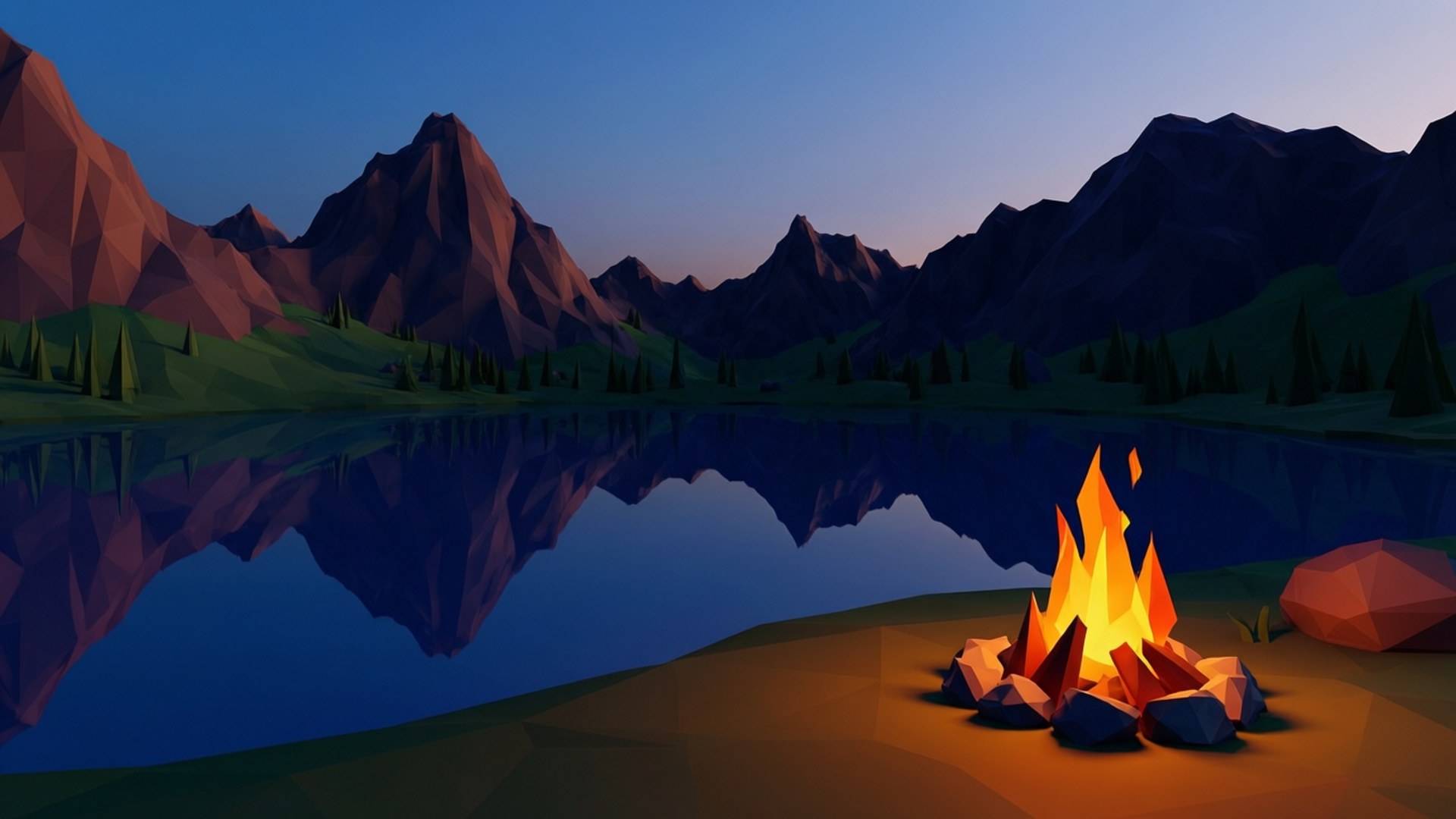 Low Poly Campfire Lake 壁紙 — 一個低多邊形營火在黃昏的湖岸溫暖地發光，鋸齒狀的山脈倒映在平靜的水面上。