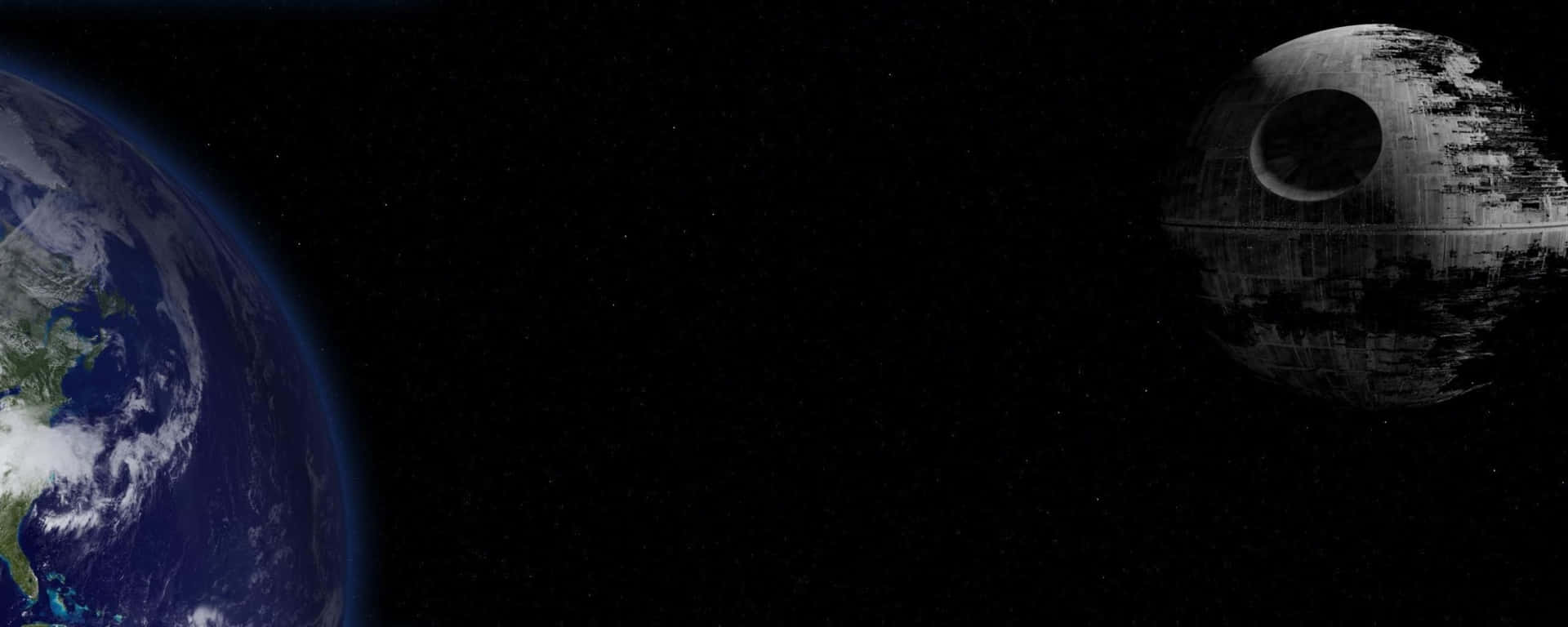  壁紙 — 地球在太空中彎曲，旁邊是陰森的死亡之星，背景是星域。