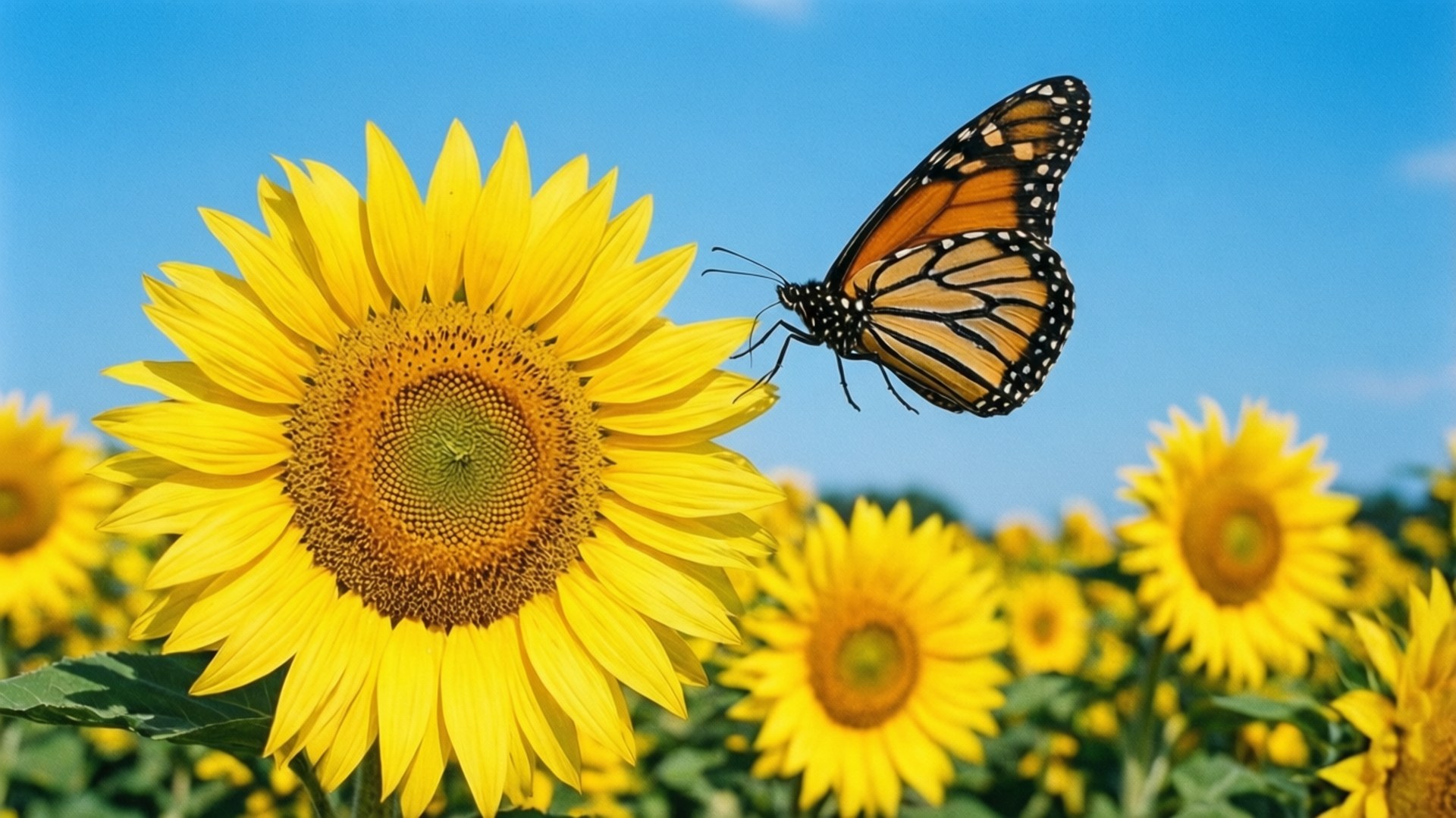 Butterfly Over Sunflowers 壁紙 — 一隻帶有橙色、黑色和白色翅膀的帝王蝶在晴朗的藍天下靠近一朵大黃色向日葵盤旋。