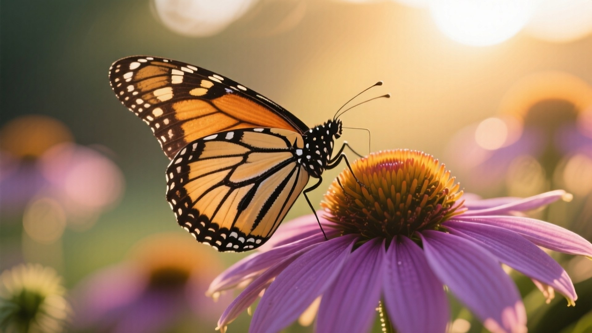 Monarch at Dawn 壁紙 — 一隻擁有橙色、黑色和白色翅膀的帝王蝶輕輕停在一朵紫色紫錐花上，金色陽光穿過背景灑落。