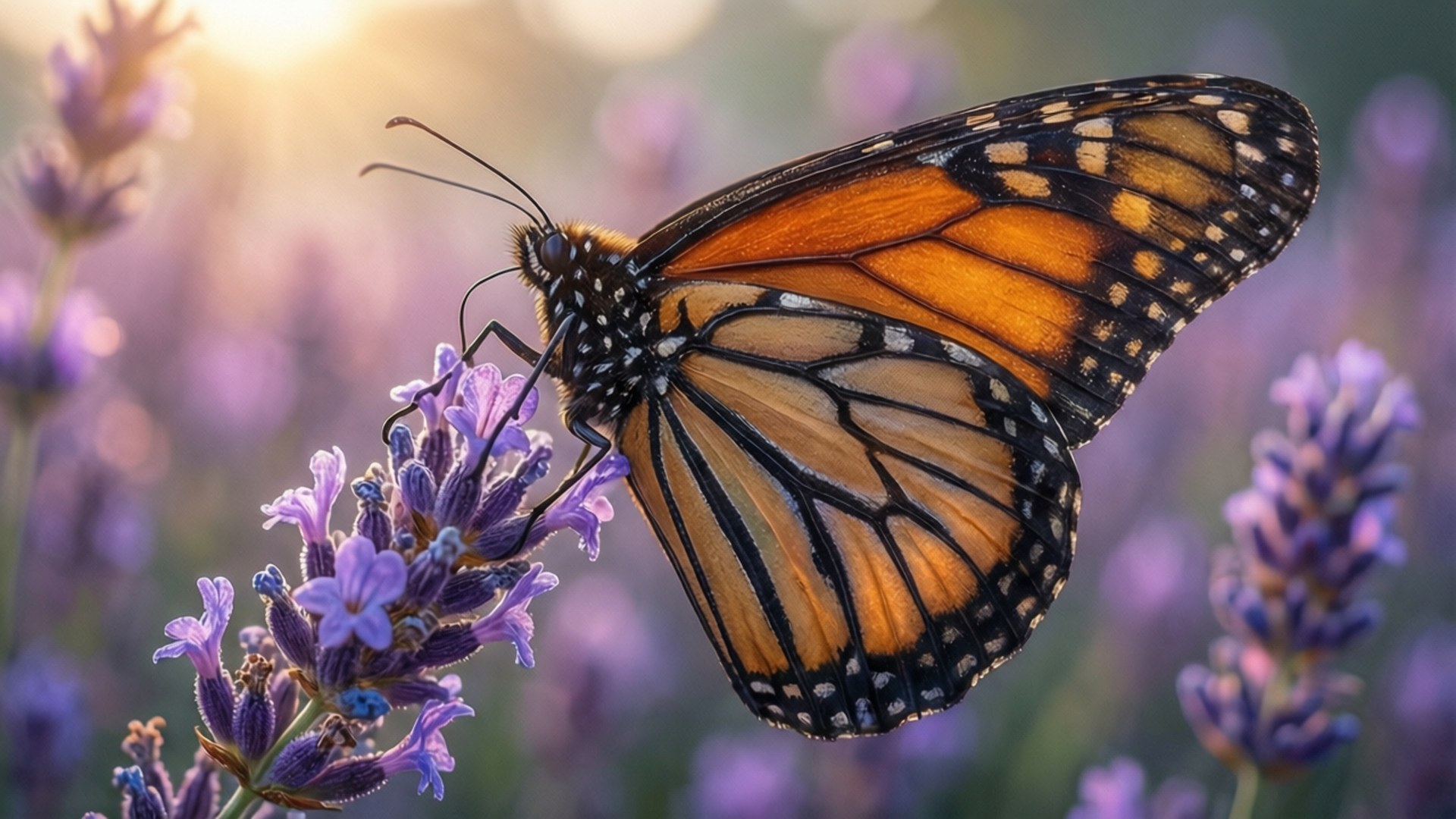 Monarch on Lavender 壁紙 — 一隻帶有橙色、黑色和白色翅膀的帝王蝶，輕柔地棲息在紫色的薰衣草花上，背後有柔和陽光照耀。