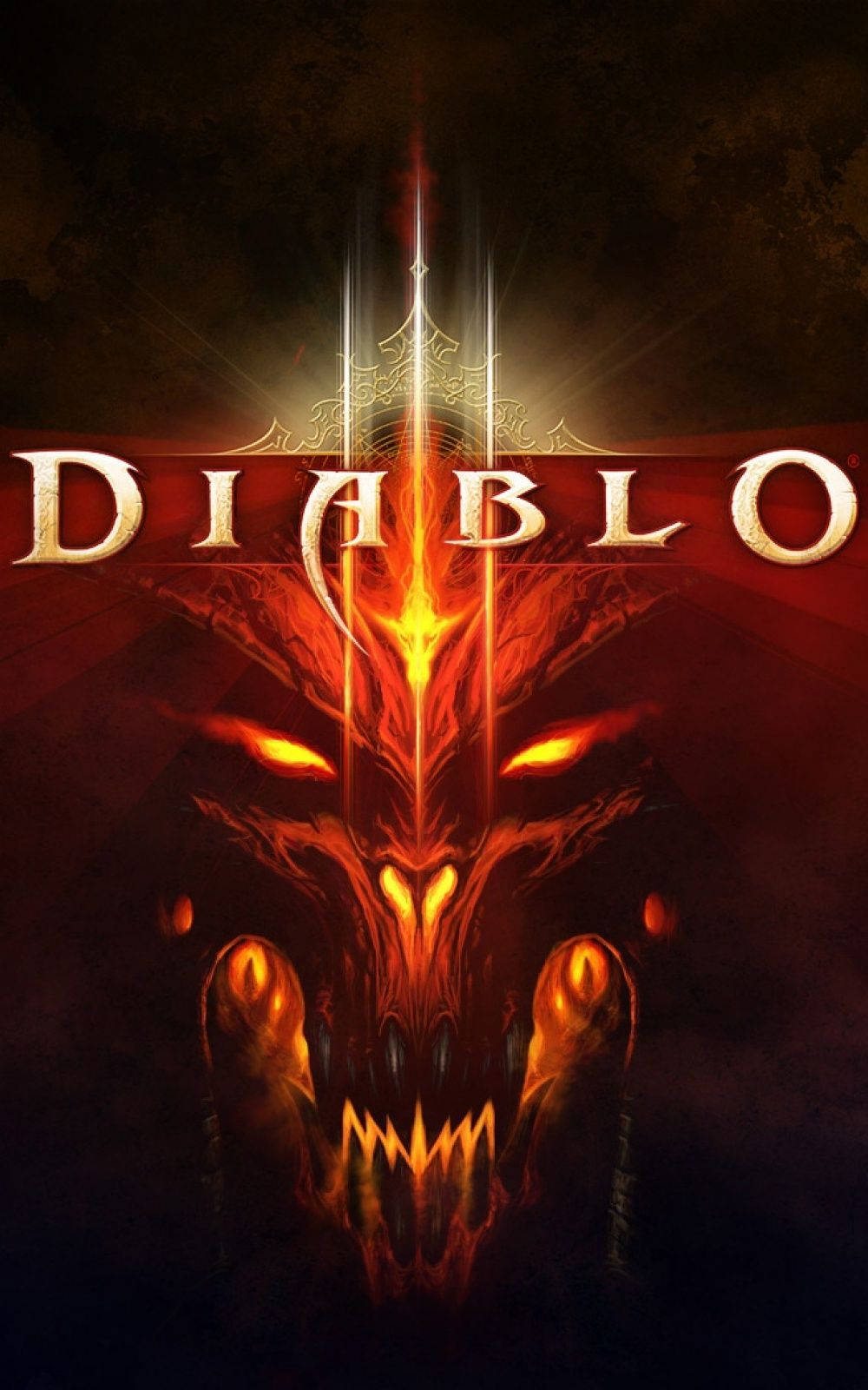 Diablo III Android 遊戲 壁紙 — 一個帶有發光橙色眼睛和尖銳牙齒的威脅性惡魔面孔從暗黑破壞神標誌下方的黑暗陰影中浮現。