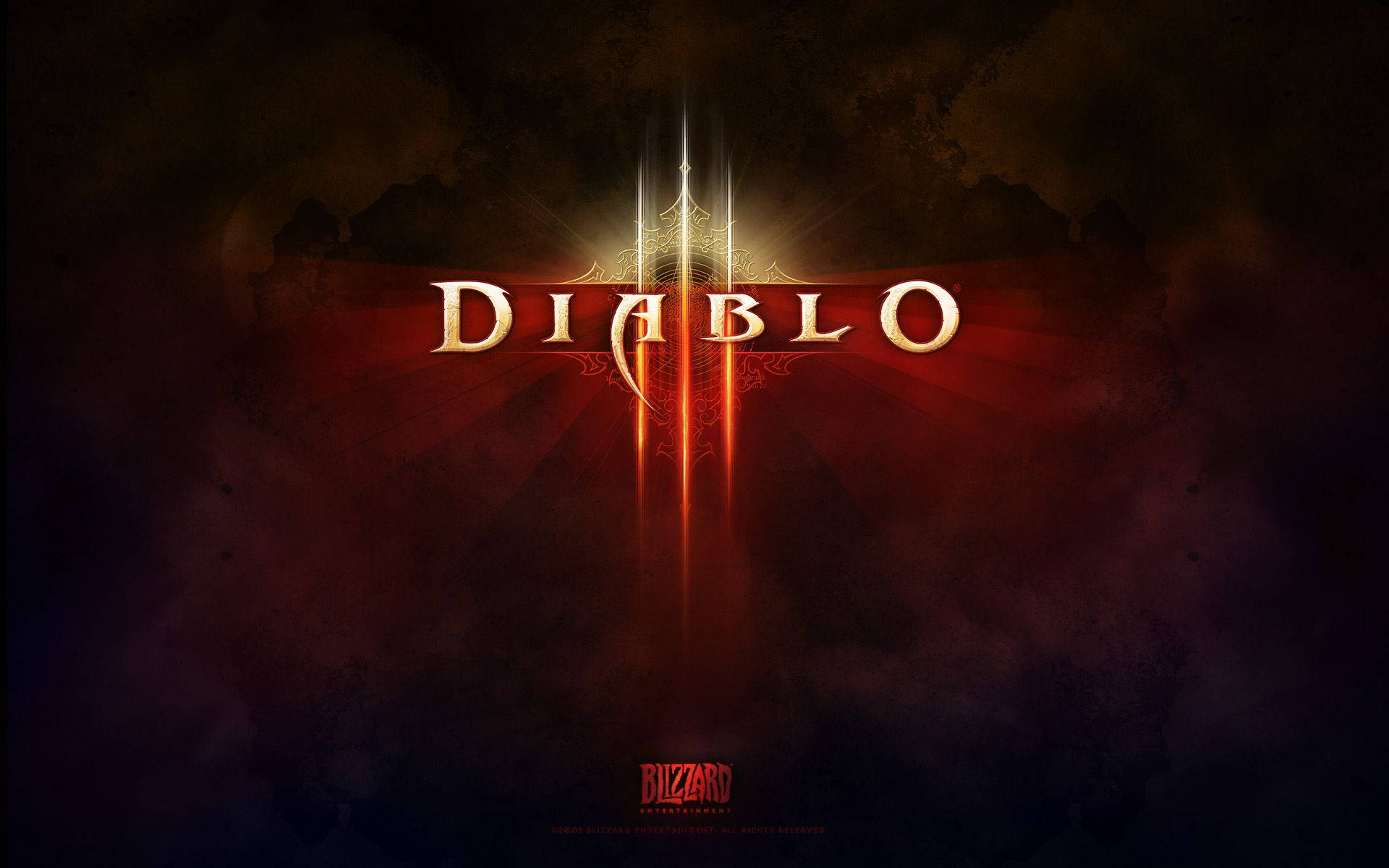暗黑破壞神 桌布 壁紙 — Diablo III 標誌在黑暗煙霧背景上散發出耀眼的紅光，並帶有華麗的金色細節。