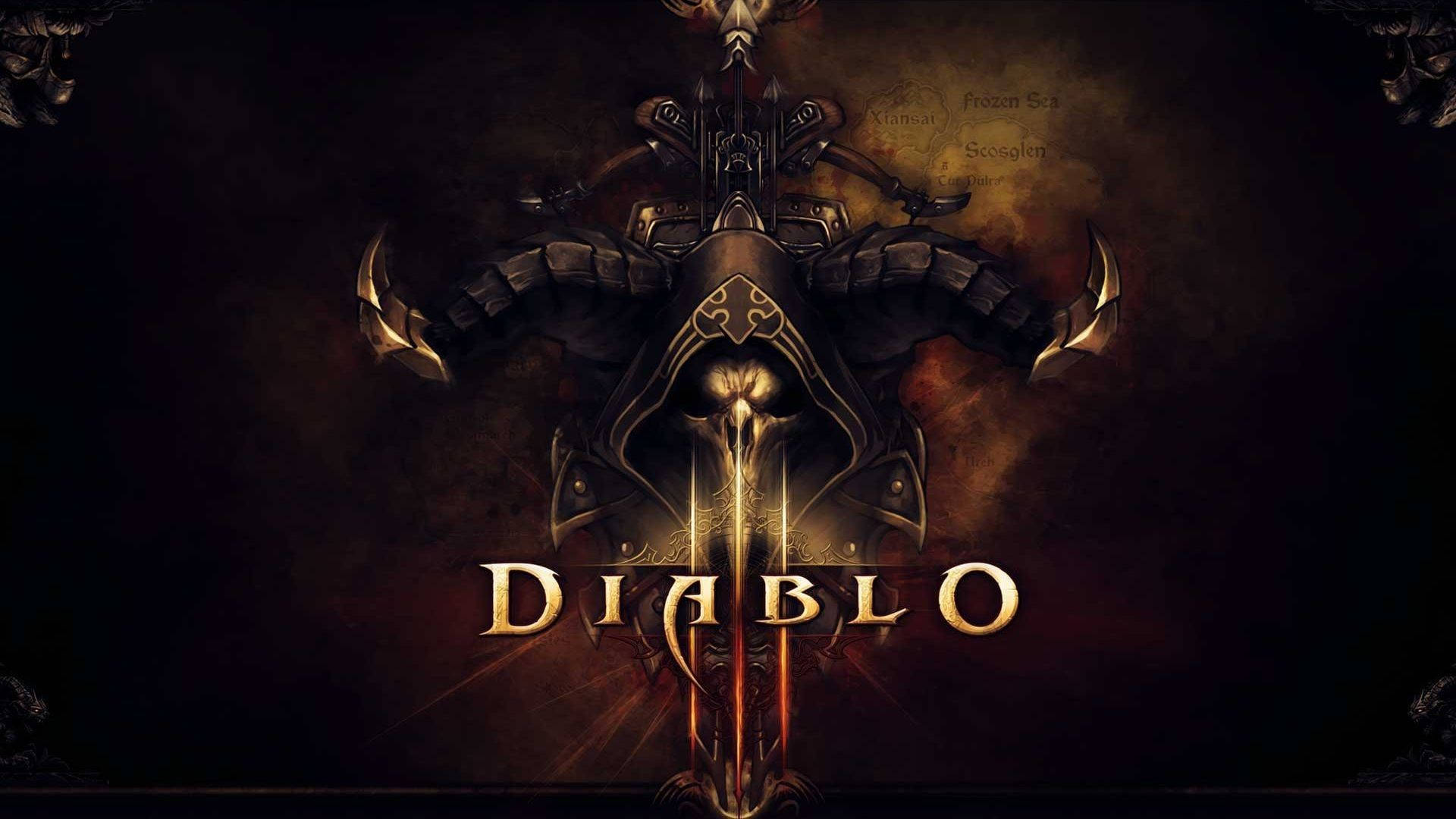 暗黑破壞神 桌布 壁紙 — Diablo III 的黑暗奇幻標誌，特點是一個戴著兜帽的惡魔形象，眼睛發光，穿著華麗的盔甲，背景煙霧繚繞。