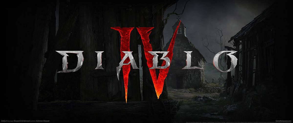暗黑破壞神4 桌布 壁紙 — Diablo IV 標誌在暴風雨夜空下，以火紅光芒照亮陰森黑暗的村莊背景。