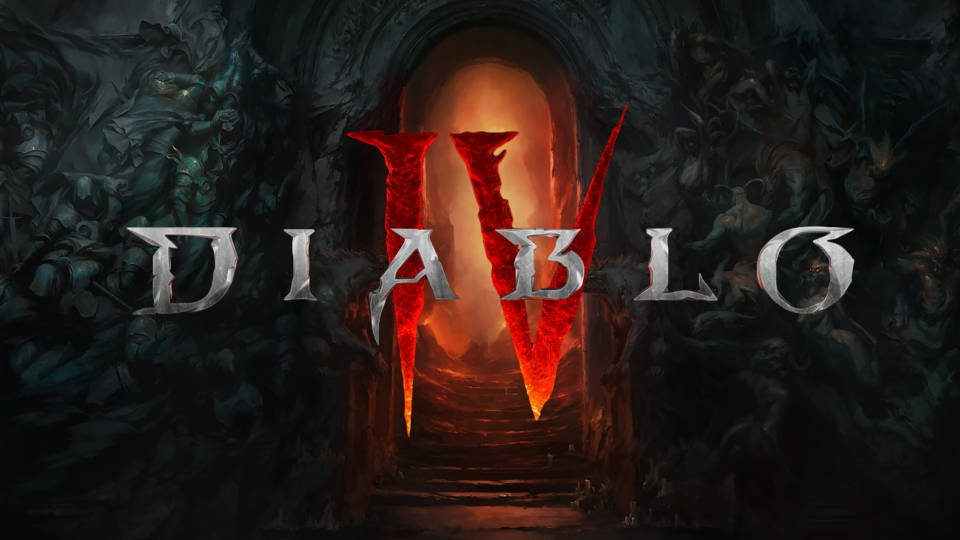 暗黑破壞神4 桌布 壁紙 — Diablo IV 標誌在黑暗的石拱門上發出紅光，陰影中潛伏著惡魔般的身影。