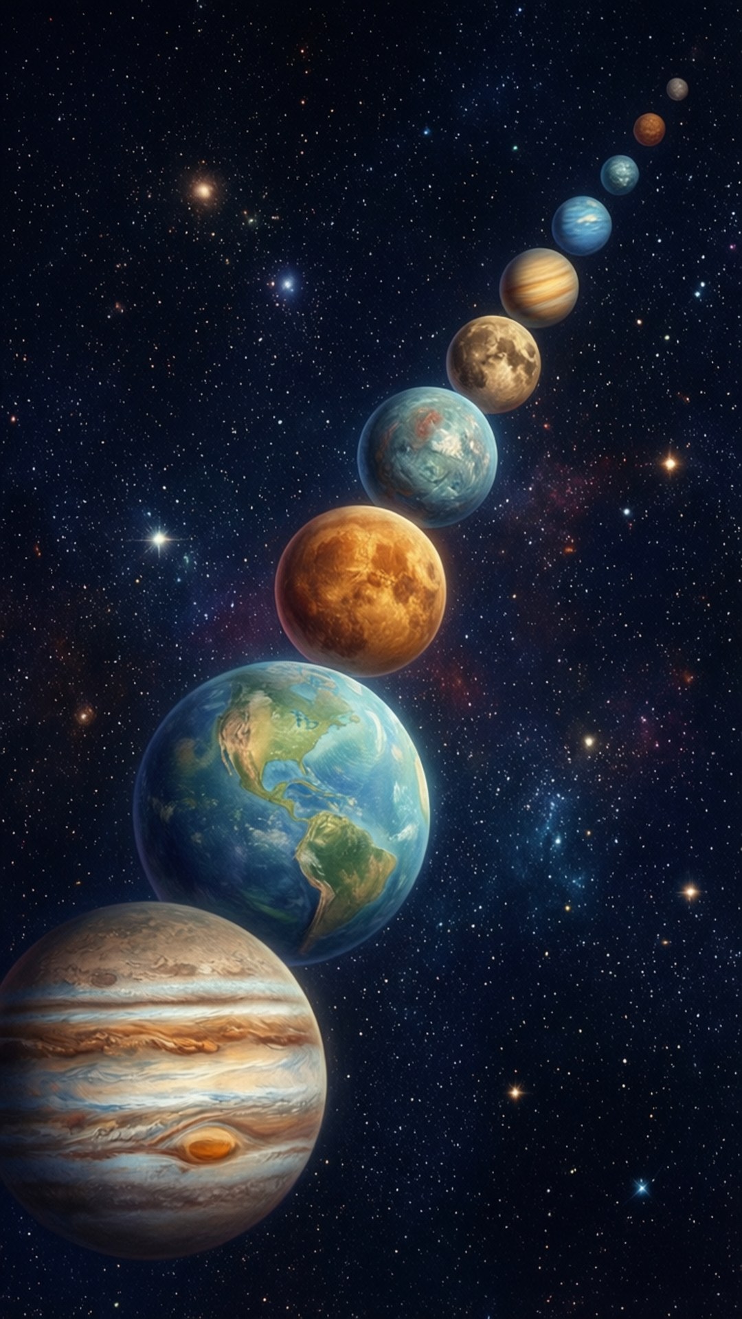 Planetary Alignment 壁紙 — 從木星到遙遠月球的對角線行星瀑布，背景是繁星點點的宇宙。
