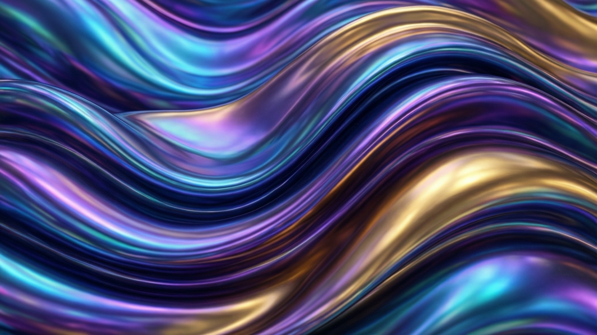 Iridescent Waves 壁紙 — 電光藍、紫和金色的流體金屬波紋在光澤抽象表面上蕩漾。