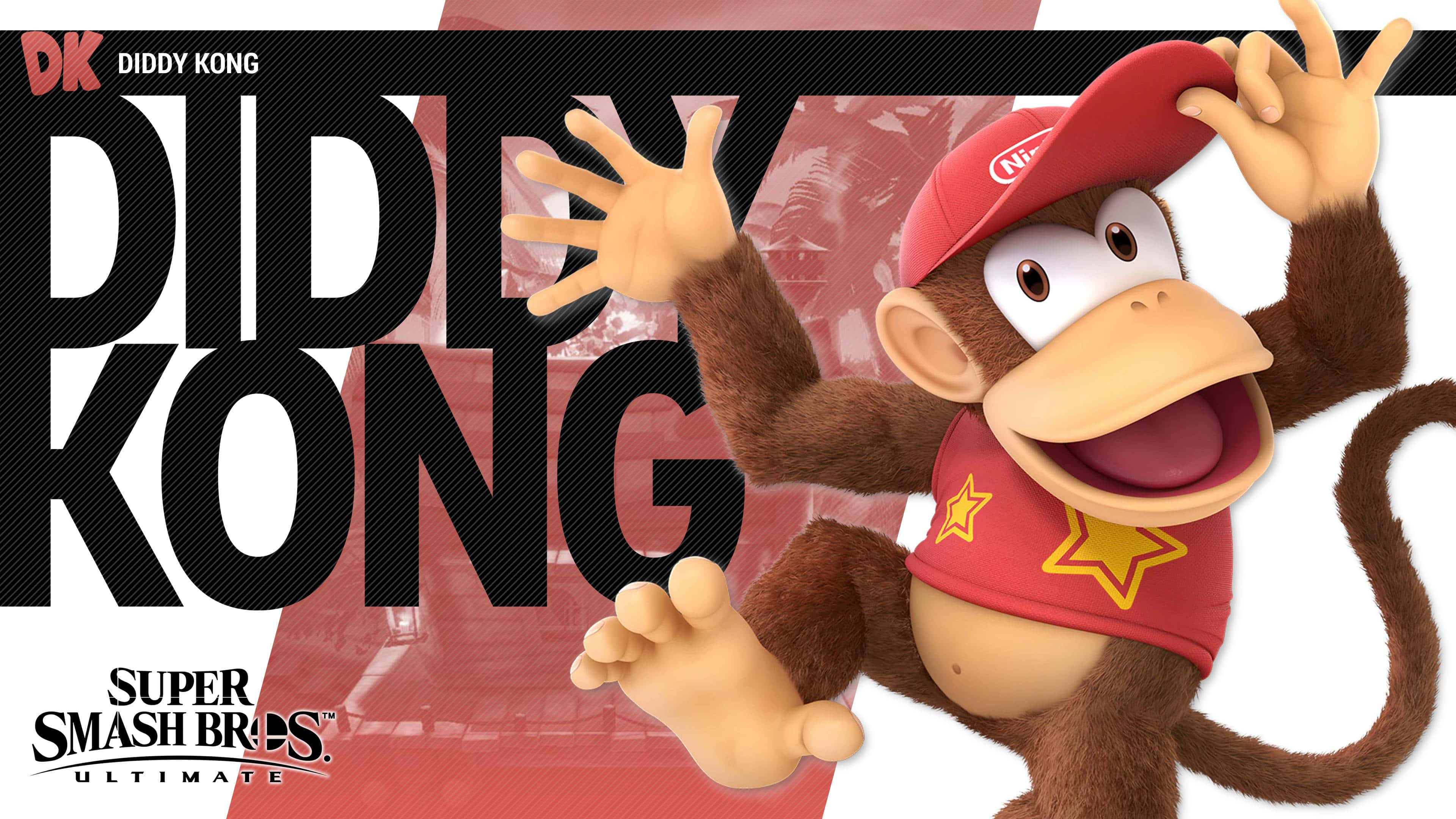 Diddy Kong 桌布 壁紙 — Diddy Kong 戴著紅色帽子和穿著紅色襯衫，在Super Smash Bros Ultimate中對著粗體黑色文字背景歡快地跳躍。
