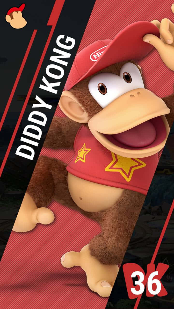 Diddy Kong 桌布 壁紙 — Diddy Kong 戴著紅色帽子和穿著紅色襯衫，在動態的紅黑背景前開心地微笑。