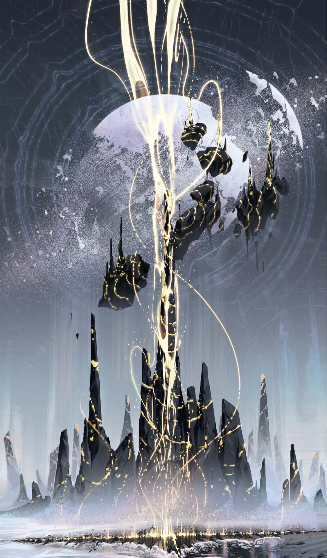  壁紙 — 數位藝術奇幻景觀，鋸齒狀的黑色尖塔從冰凍地面噴湧而出，在旋轉的宇宙背景下被金色能量流照亮。