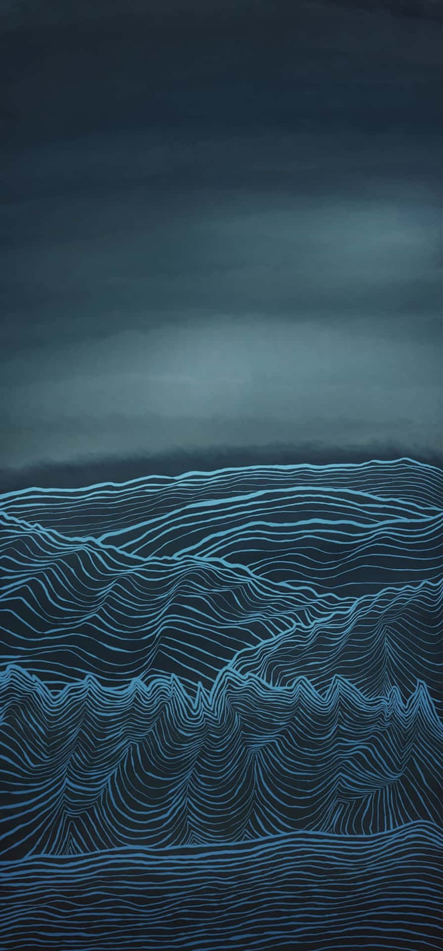  壁紙 — 數位藝術風景，發光的藍色輪廓線在黑暗陰沉的天空下形成起伏的山丘。