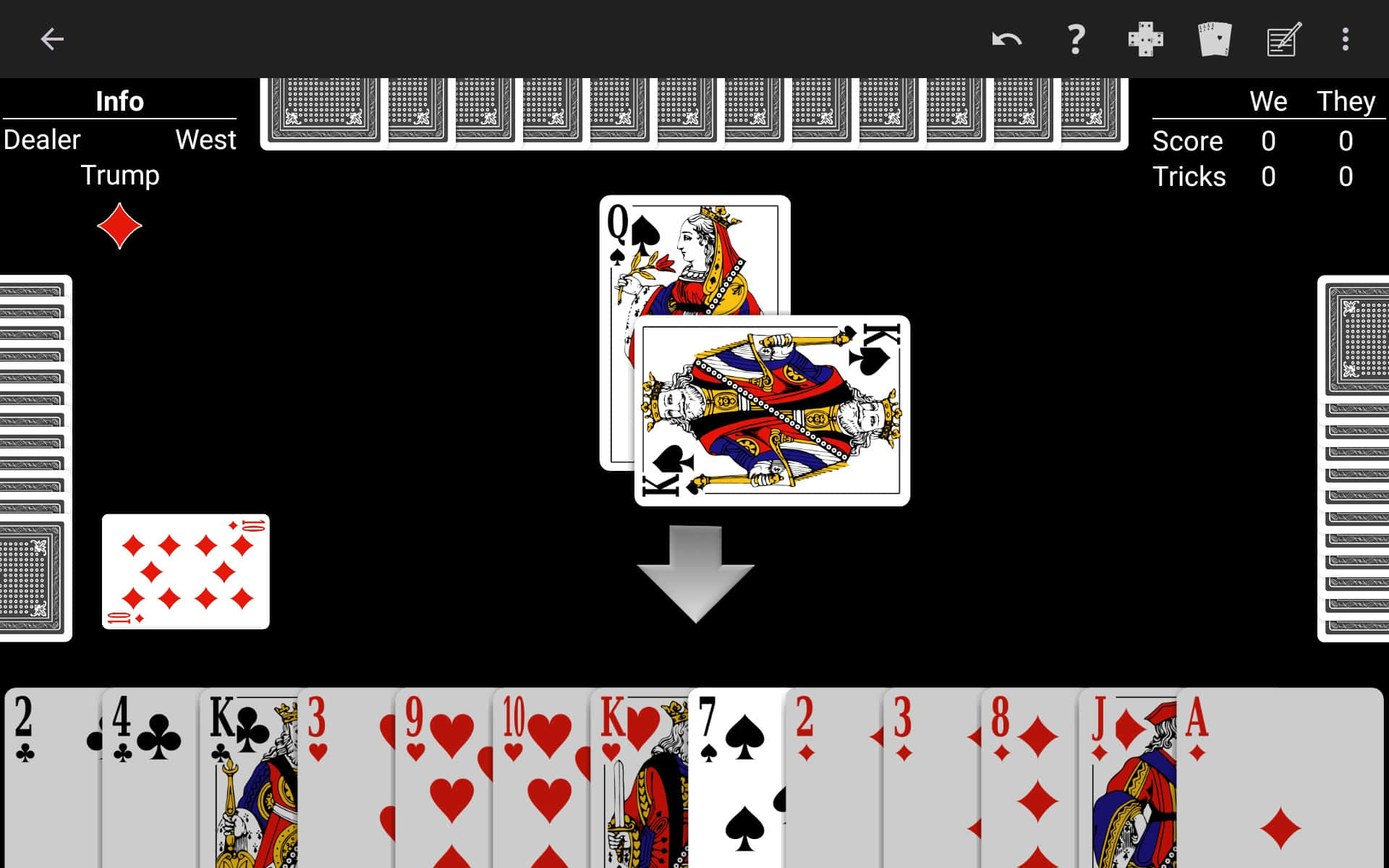 Whist 桌布 壁紙 — 數位卡牌遊戲介面，顯示移動中的撲克牌，附有分數和王牌花色指示器。