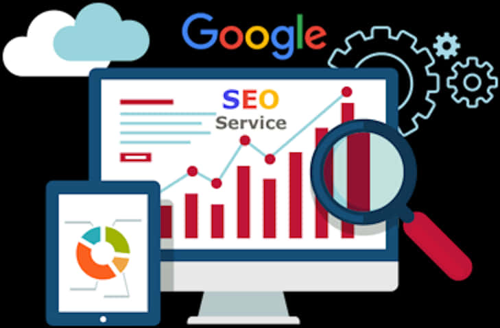 電腦和平板電腦上的SEO服務儀表板，帶有圖表和放大鏡。 — Google 壁紙