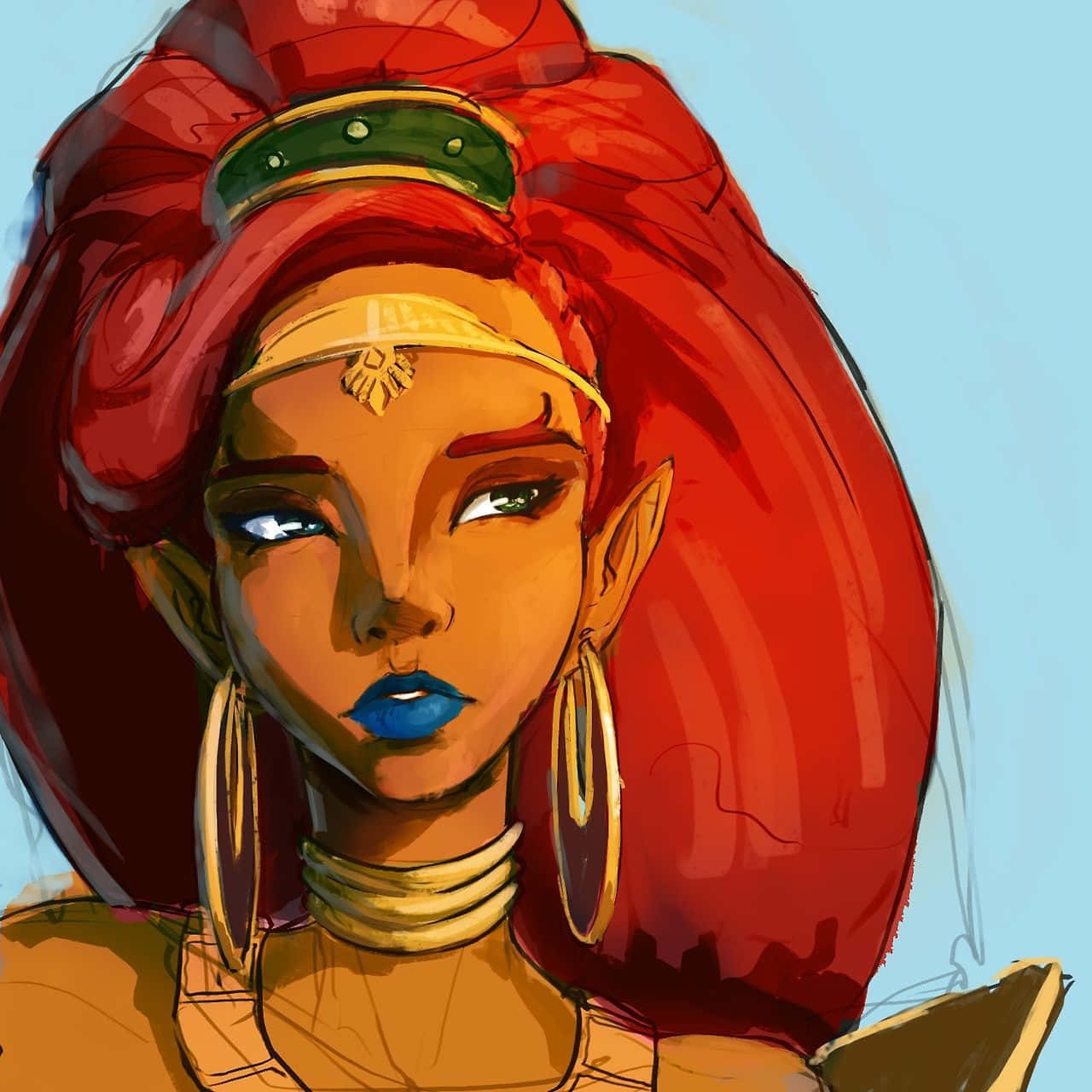 The Legend Of Zelda Urbosa 桌布 壁紙 — 一位擁有鮮豔紅髮和藍色嘴唇、佩戴金色珠寶的女性數位肖像，背景為柔和的藍色。