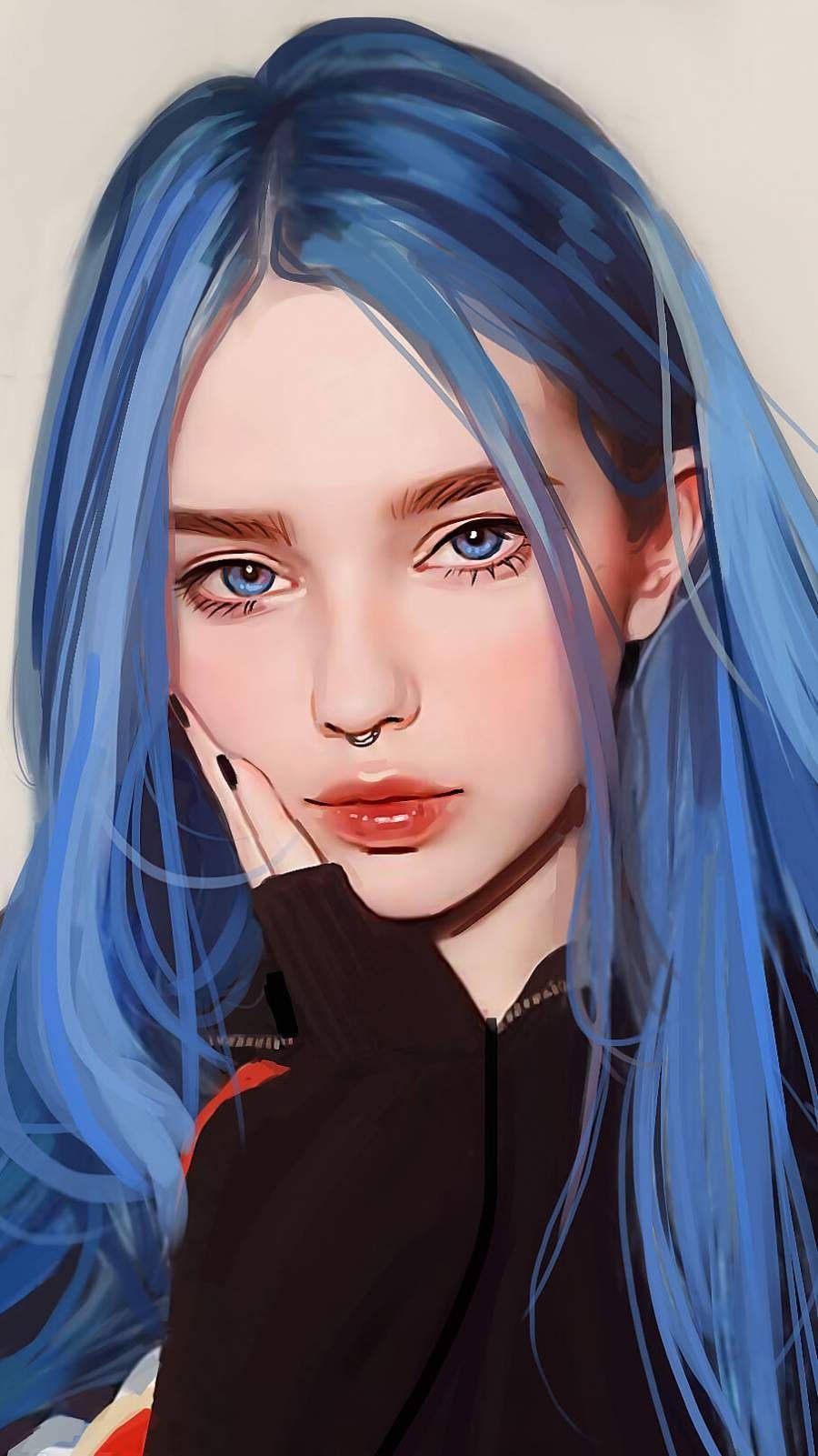 年輕女性，藍色頭髮和眼睛，將下巴擱在手上。 — iPhone 11 壁紙