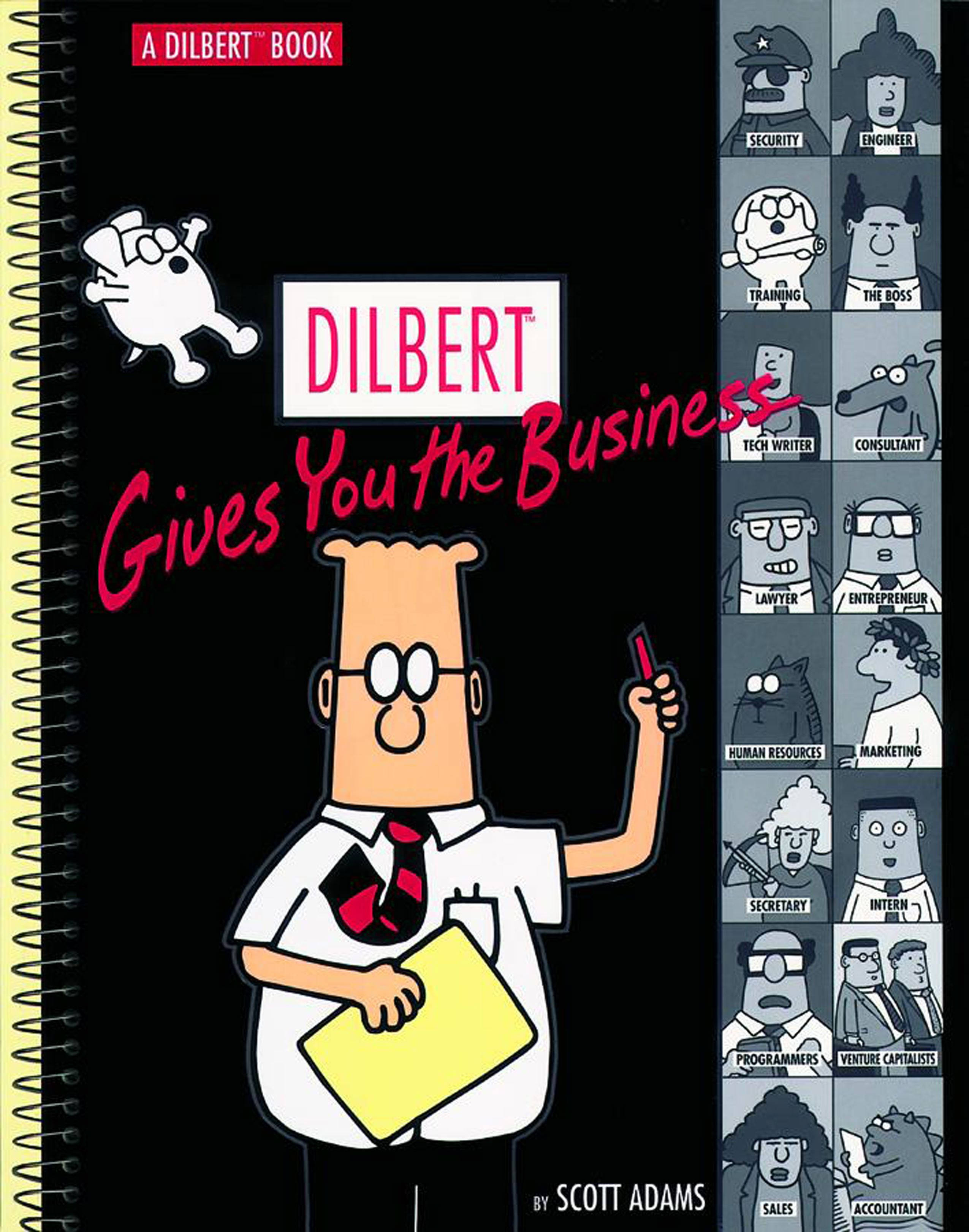 Comics 桌布 壁紙 — Dilbert 卡通封面顯示主角拿著一個黃色資料夾，黑色背景上有辦公室員工漫畫的網格。