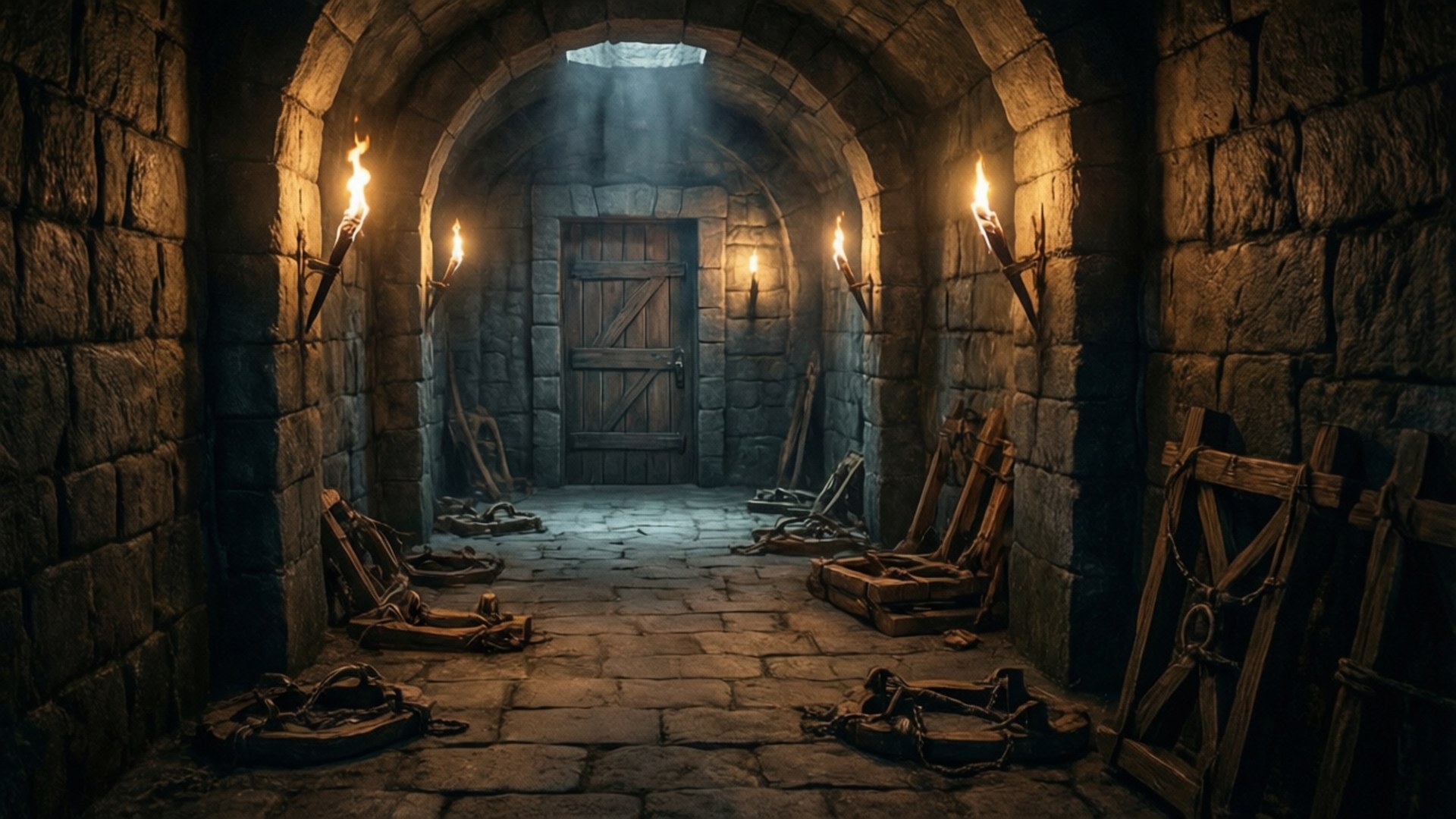 Dungeon Corridor 壁紙 — 一條昏暗的石頭地牢走廊，由火炬照亮，地上散落著木製刑具，通向一扇沉重的門。