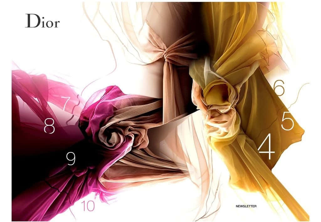 Dior 動態 桌布 壁紙 — Dior 品牌抽象布料漩渦，以洋紅色和金色呈現，背景為亮白色，並帶有編號標籤。