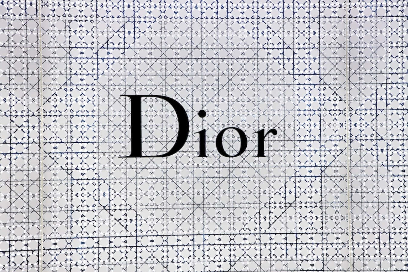 Dior 動態 桌布 壁紙 — Dior 標誌以粗體黑色字體居中於白色背景上，帶有複雜的藍色幾何網格圖案。