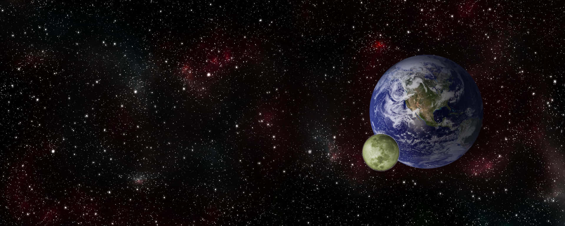  壁紙 — 地球和月球在繁星點點的宇宙中運行，背景中閃耀著鮮豔的星雲。