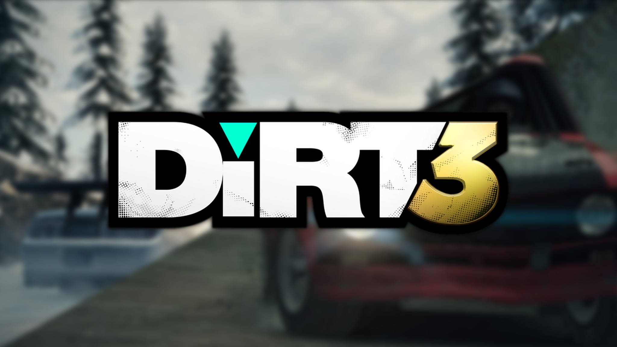泥土 桌布 壁紙 — Dirt 3 標誌主導了一個模糊的越野賽車場景，其中有松樹和泥濘地形。