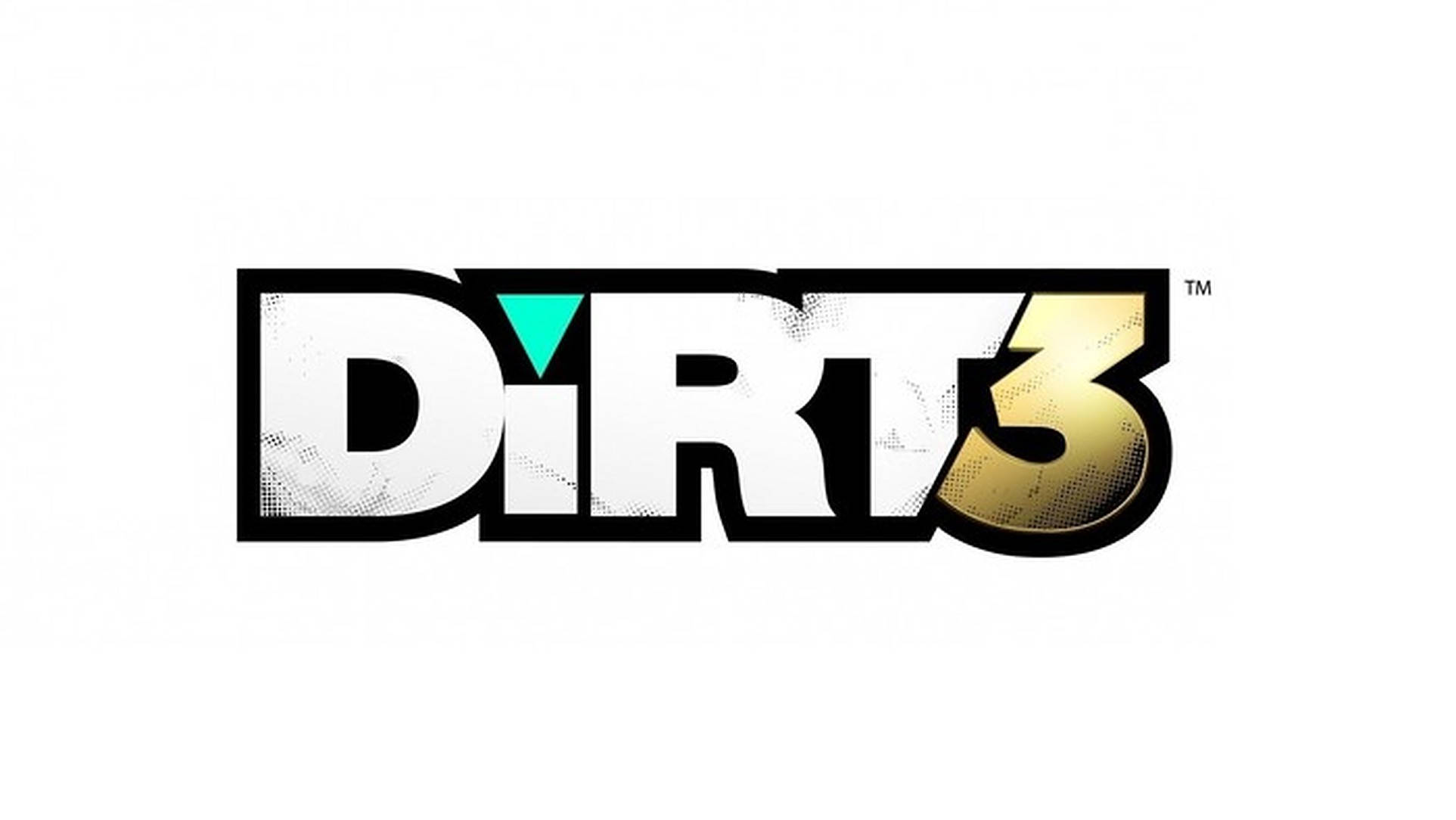 Dirt 3 桌布 壁紙 — Dirt 3 標誌以白色背景上的粗體風格文字為特色，配以青綠色三角形和金色漸變。