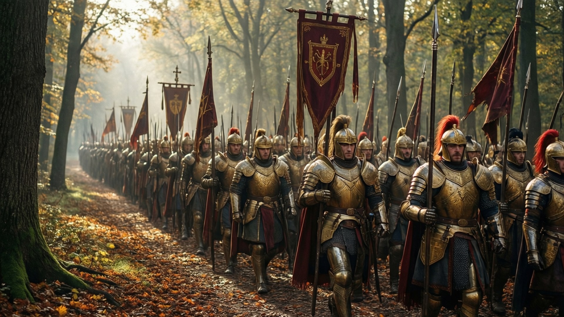 Imperial Legion March 壁紙 — 一支紀律嚴明、身穿閃亮金色鎧甲的中世紀軍隊，在陽光明媚的秋日森林中單列行進，手持帶有紋章的紅色旗幟。