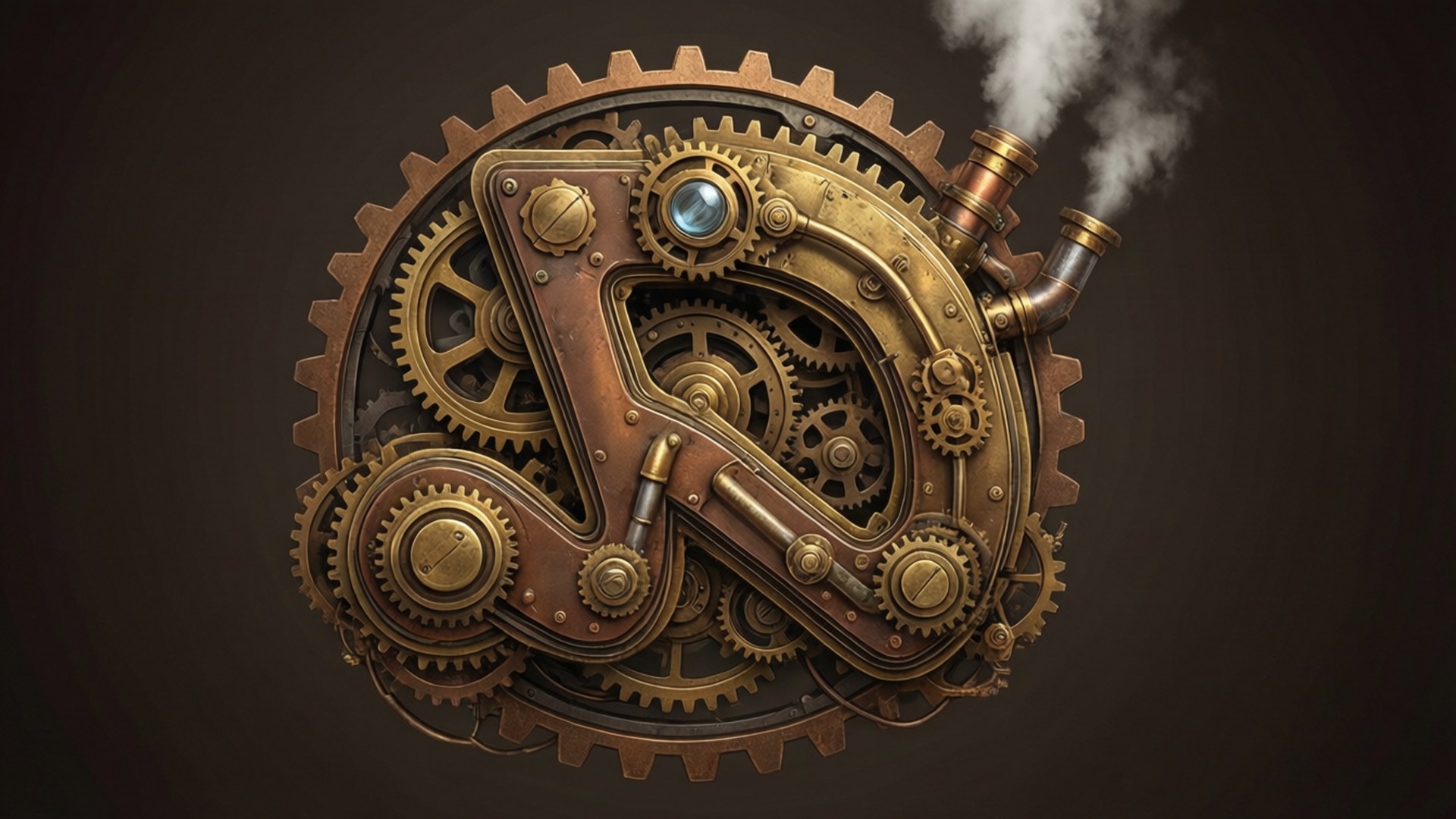 蒸氣龐克風格 Discord 齒輪 壁紙 — 一個詳細的蒸氣龐克時鐘機制，帶有黃銅齒輪和管道，在黑暗背景下散發蒸汽。