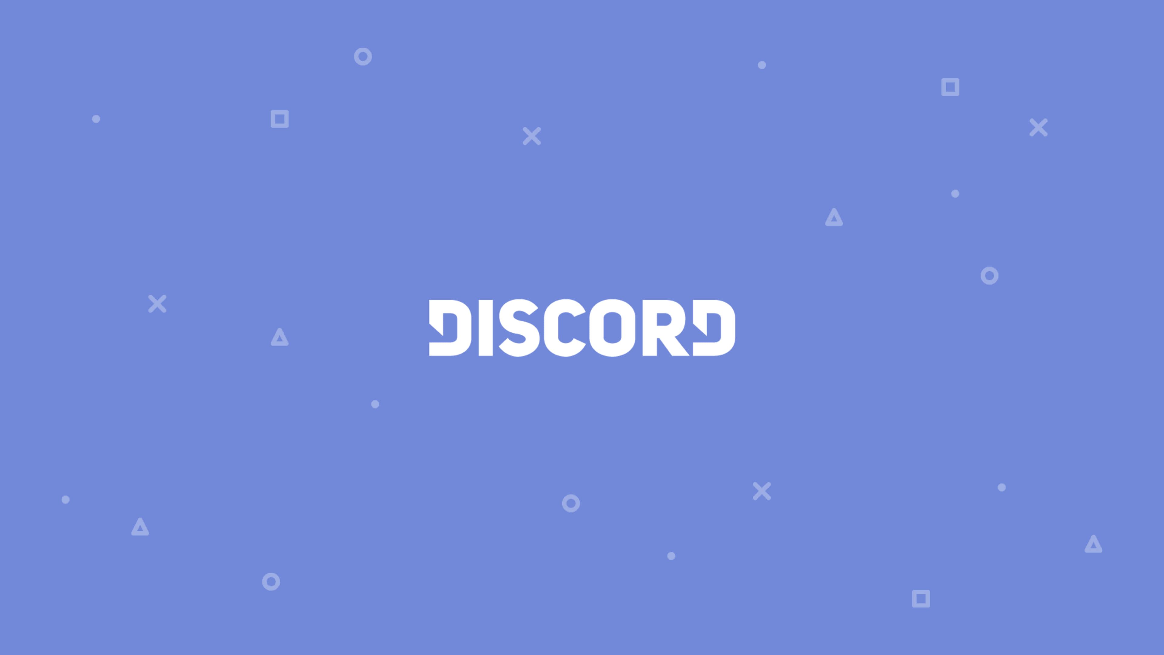 Discord 桌布 壁紙 — 「Discord」一詞以粗體白色字母居中顯示，背景為柔和的藍色，散落著幾何形狀。