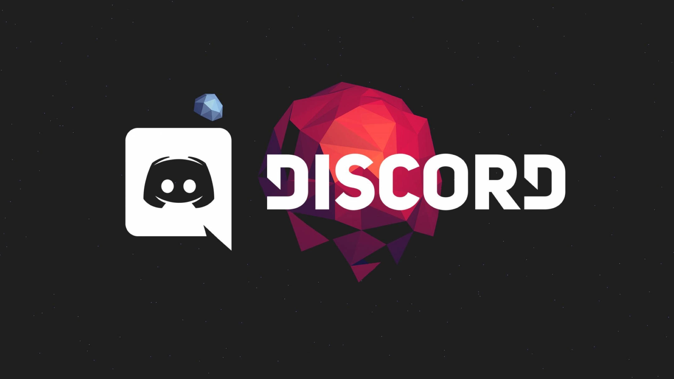 Discord 桌布 壁紙 — Discord 標誌包含一個白色對話框，內有黑色吉祥物和紅色幾何球體，背景為深色星空。