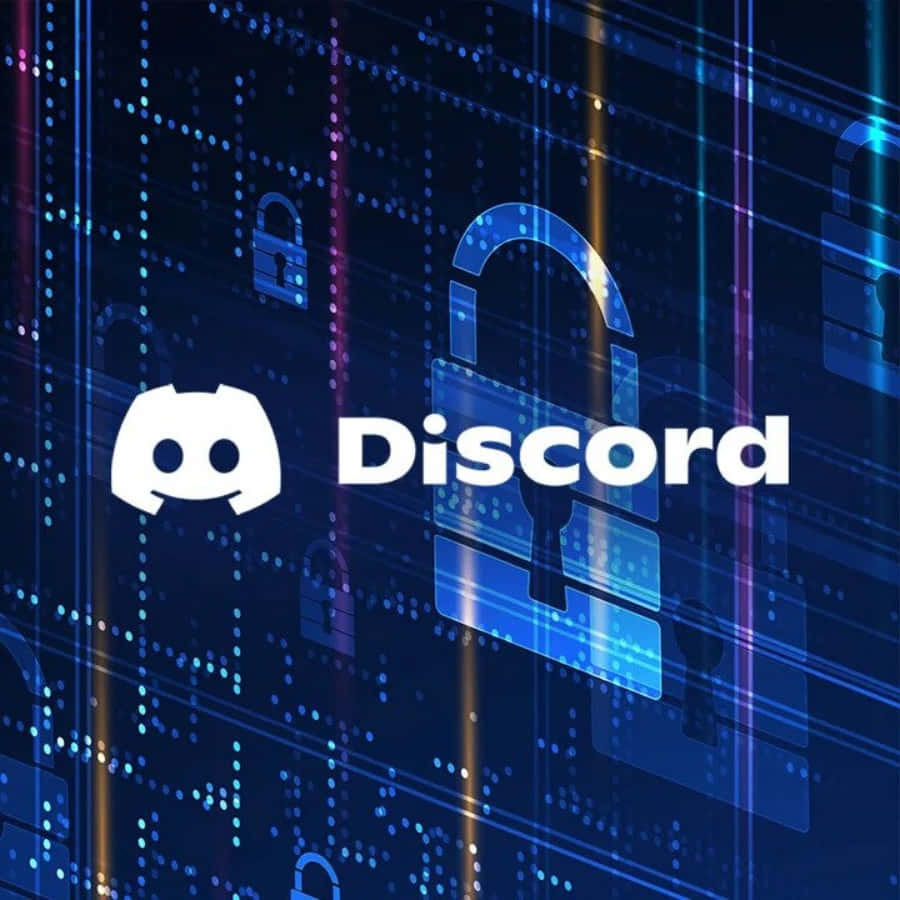 Discord 桌布 壁紙 — Discord 標誌居中於數位網格上，帶有發光的藍色和紫色鎖圖示，象徵安全的線上通訊。