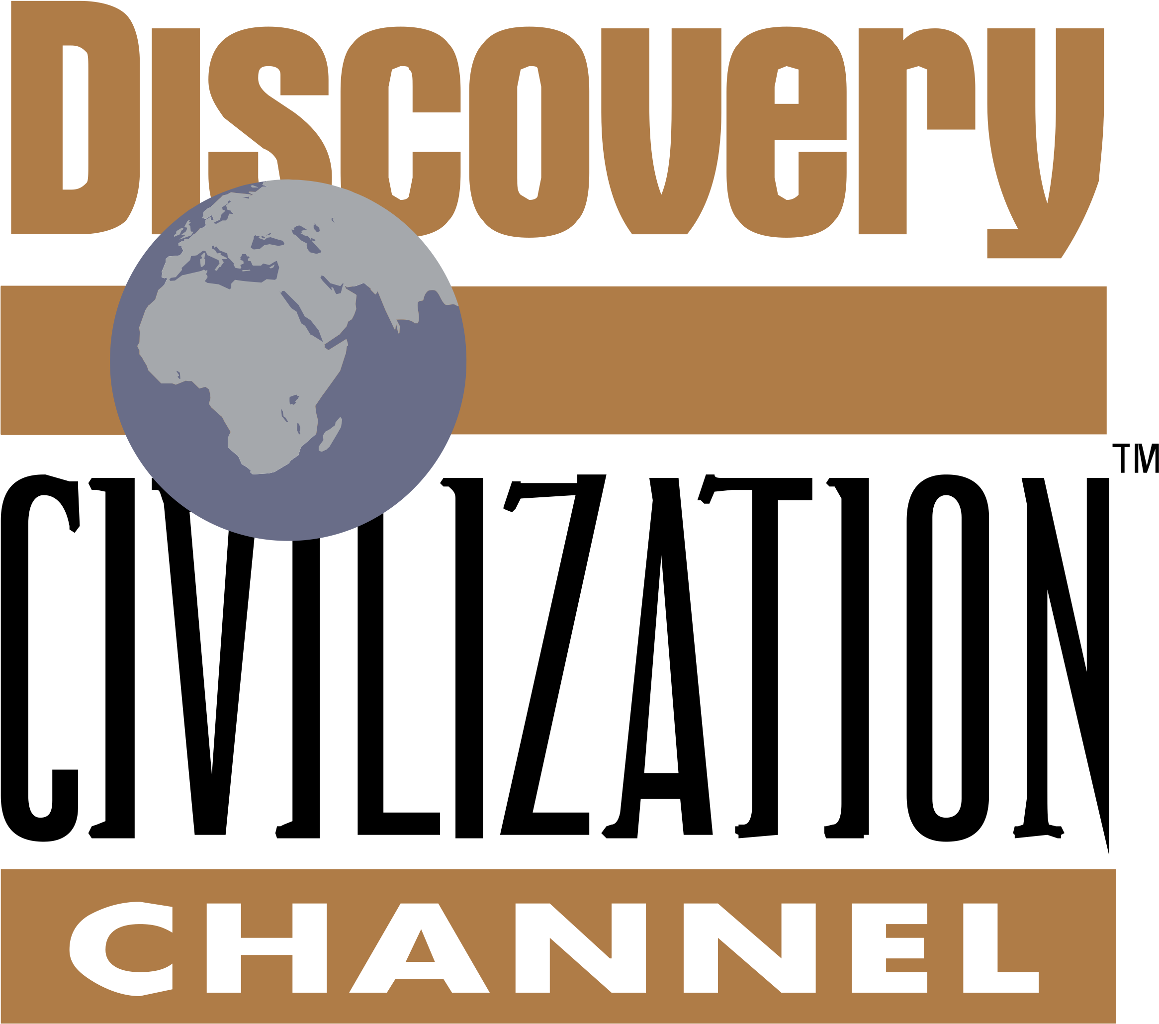 標誌 桌布 壁紙 — Discovery Channel 標誌，以黑色背景為中心，帶有粗體棕色文字和灰色地球儀。