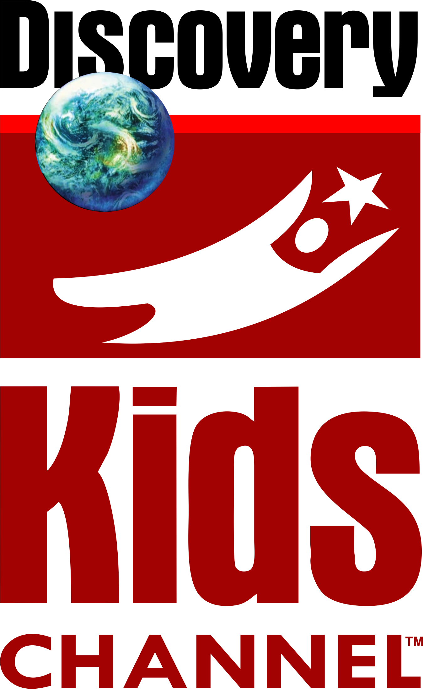 標誌 桌布 壁紙 — Discovery Kids Channel 標誌，紅色背景，白色風格化人物和藍色星球圖形。